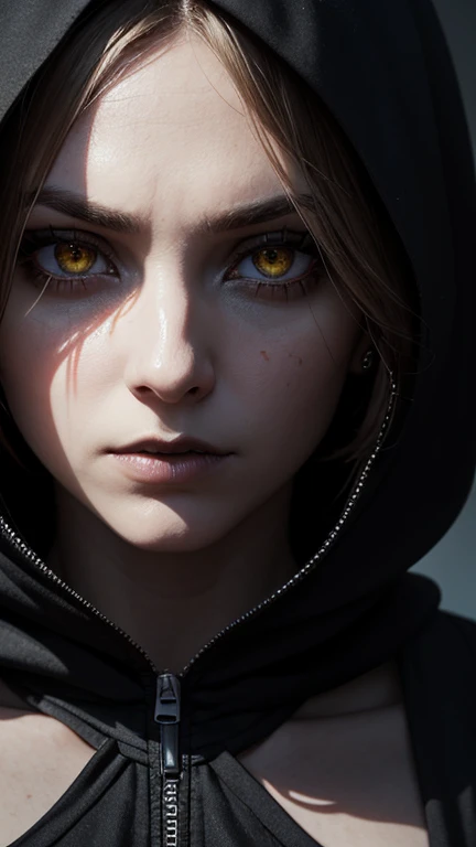 A dark and mysterious female character with hauntingly intense amber eyes, her face partially covered in shadow and black paint-like markings. She wear a tattered black hooded cloak that adds to her eerie and foreboding appearance. The lighting is dim, highlighting her pale skin texture and giving a dramatic, cinematic effect. Her expression is intense, exuding both danger and mystique, with an ethereal yet intimidating aura. The background is dark and indistinct, emphasizing the focus on her piercing gaze and striking facial details. Her face is partially concealed in shadow, creating a dramatic contrast. Nearly half her face obscured, set against a shadowy, indistinct background.