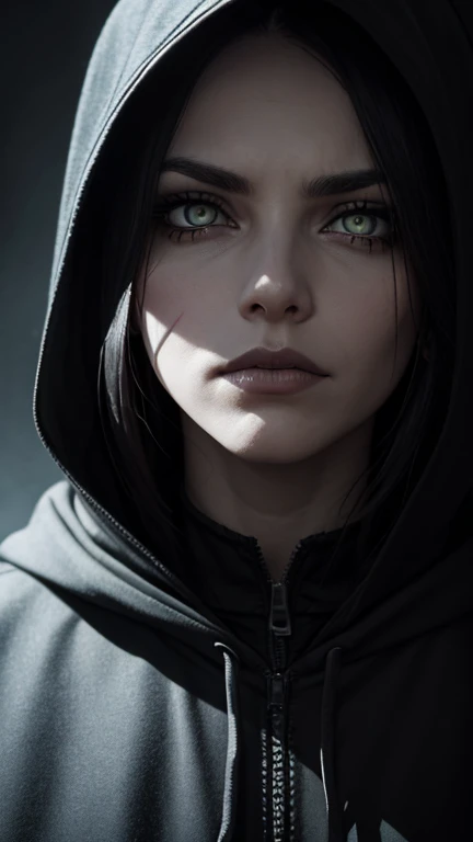 A dark and mysterious female character with hauntingly intense amber eyes, her face partially covered in shadow and black paint-like markings. She wear a tattered black hooded cloak that adds to her eerie and foreboding appearance. The lighting is dim, highlighting her pale skin texture and giving a dramatic, cinematic effect. Her expression is intense, exuding both danger and mystique, with an ethereal yet intimidating aura. The background is dark and indistinct, emphasizing the focus on her piercing gaze and striking facial details. Her face is partially concealed in shadow, creating a dramatic contrast. Nearly half her face obscured, set against a shadowy, indistinct background.