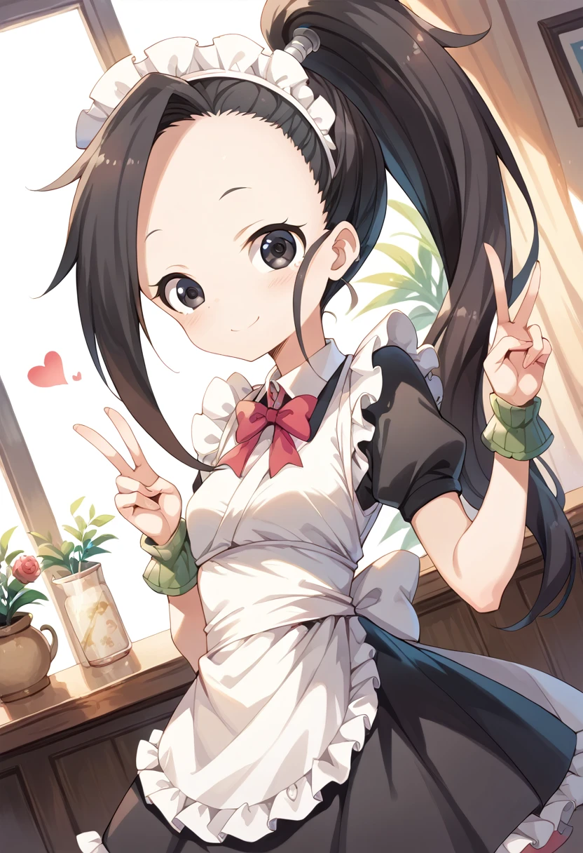 masterpiece,High resolution,Highest quality,8k
(Tsubaki - In the Heart of Kunoichi Tsubaki)
(Black Hair,ponytail,Big dark eyes,Small breasts,Skinny)
(maid dress) (smile) (peace) (cafe) (dutch angle)