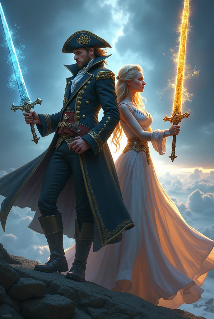 
Captain Dragonlight in pirate clothes with the sword of light and Elsa with the sword of stars