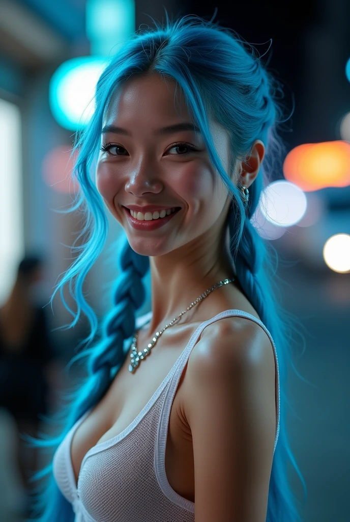 A very close up torso half body view  nighttime portrait of a extremely pale skin athletic skinny thin woman, wearing a see through fishnet capsleeve top, silver necklace, has long French braids blue hair,  masterpiece, high quality 8k, she is standing outside in downtown New York City smiling with a cute bright smile, photo is taken at night


This photo is taken at night, very bright white lighting shining on her body


capsleeves are very wide, leaving her armpit skin fold fully visible and exposed, Cap sleeves are designed to cover the shoulder but not extend fully over the arm, often ending just past the shoulder. In this case, the woman's cap-sleeve gown is short enough that her armpits are visible. This could be due to the design of the dress, or it could be a result of the pose she's striking. backlit