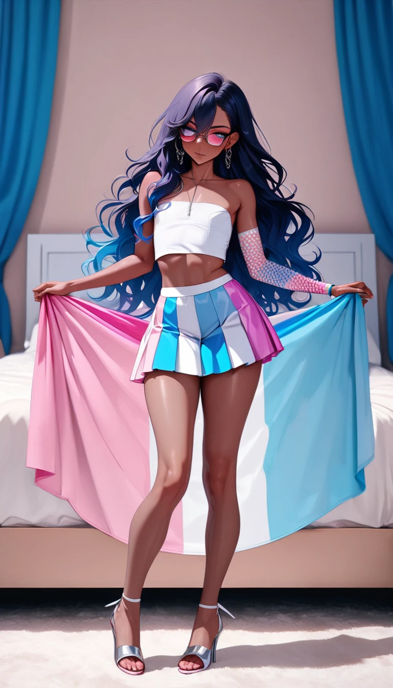 trans woman ((Adult transgender women)): Trap, Otoko no ko, (Very short pleated miniskirt. Lace strapless cropped top. ((eye glasses)). Brown eyes, showing the whole body, brown skin color, Black long wavy hair. ((Clothes with the colors of the trans flag, blue pink and White)), High heel silver sandals, Cute smille. Closed mouth, Makeup, tattooed arm, flat chest, superflat); full body shot, computer station behind, Standing in front of bed, posing, Bedroom background. High quality. 4k, 8k, many details. Masterpiece, accurate, anatomically correct, playing, detailed background, better quality, original work Focus on details, pink and blue, ladyboy