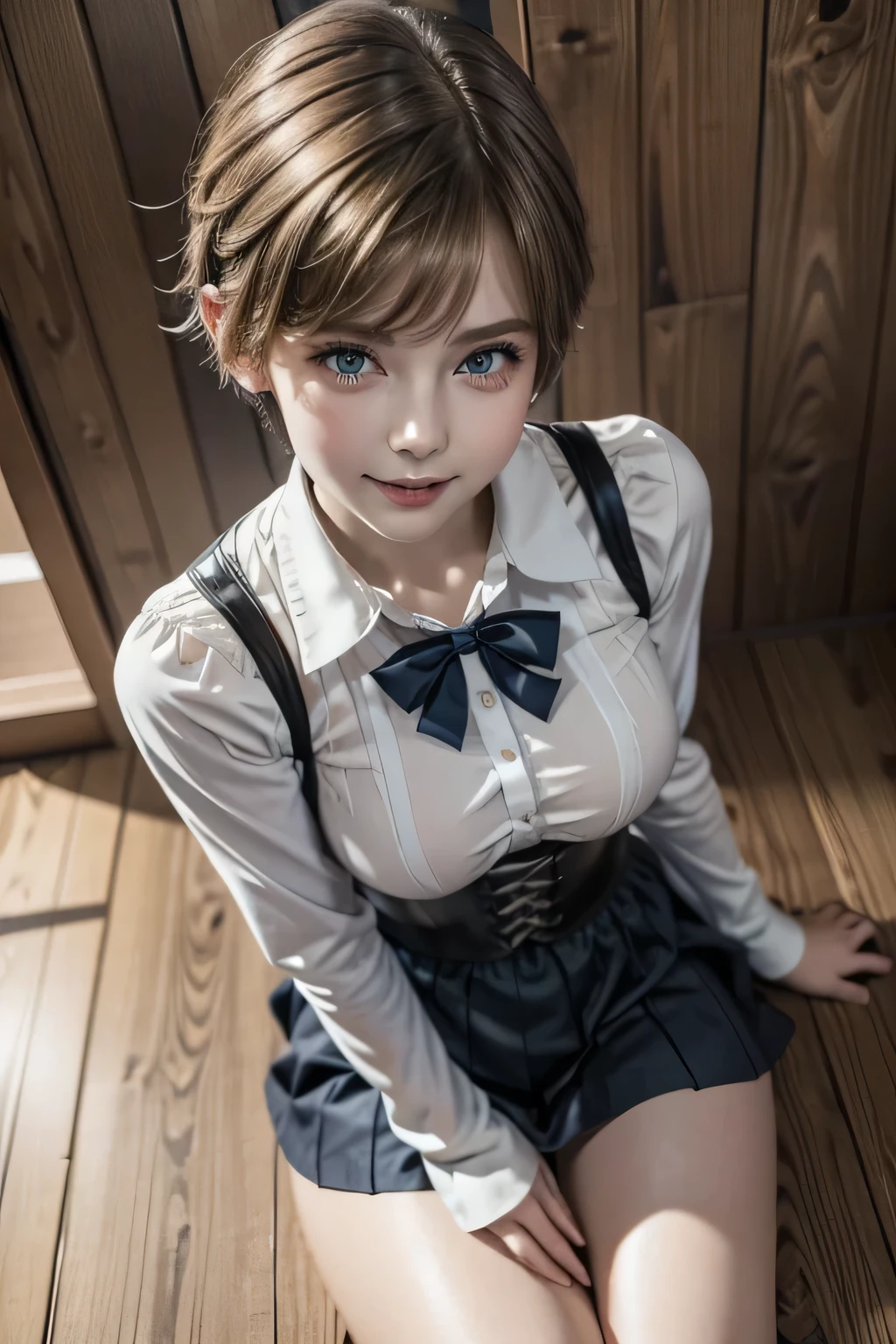 ((A beautiful girl wearing suspenders to accentuate her breasts)), (Cute school girl, , Baby-faced girl:1.5, Idol Face:1.2), (Cute gingham checked outfit:1.3), Short Hair, Small beautiful breasts, Slender body line, Ultimate Beauty, ((Detailed eyes and face:1.2, Professional photography techniques)), Beautiful eyes wide open, Captivating Lips, Sexy look, (Highest quality, 8K, masterpiece:1.2, RAW Photos), (Photorealism:1.4), (Detailed hands and arms), (Delicate and beautiful hands of a girl:1.2), (Perfect Anatomy:1.2)