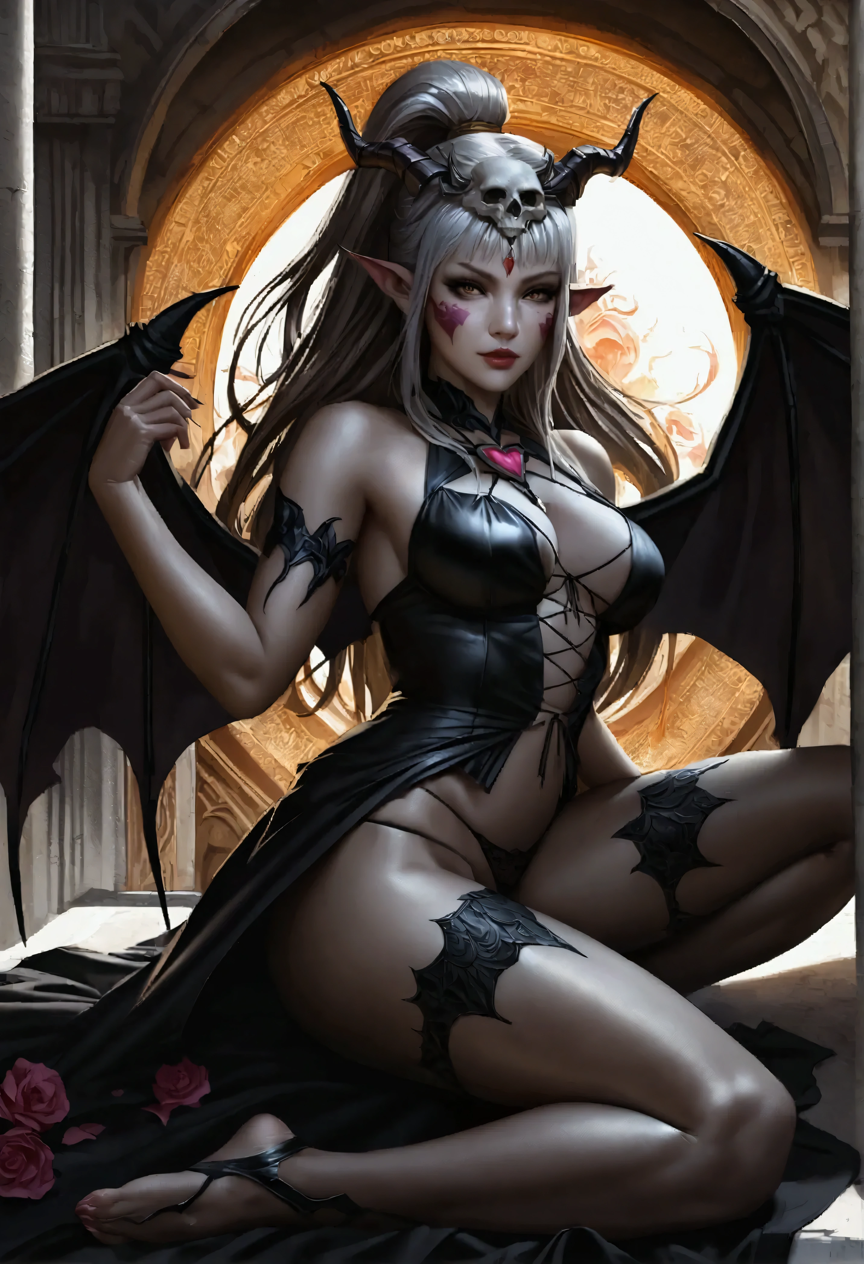 Photo realistic, ultra-detailed, 1girl, mature, milf, 50 years old, full body portrait, ancient succubus, athletic, day of the dead facepaint, white high ponytail hair, straddling over the camera with legs spread wide open, open legs, see through lowleg panties, firey, dragon scale demon wings, horns, fire and brimstone eruprions, scary detailed art in color, aroused expression, busty, curvy hips, sexy, alluring, posing with open legs, sheer hipster panties, highly detailed fantasy art, beautiful fantasy art portrait, intricate detailed digital art, highly detailed digital painting, digital art fantasy art, mark brooks detailed, detailed fantasy digital art, amazing detail digital art, close-up portrait demoness skull,