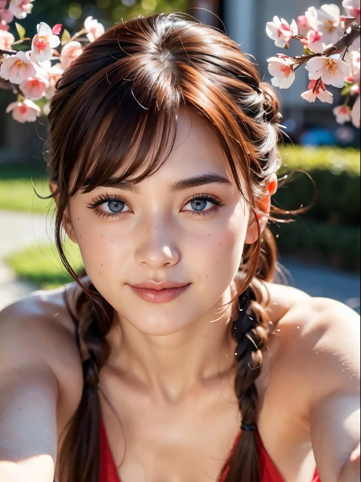 (masterpiece, best quality:1.4), (close up:1.5), (eyes focus:1), 1girl, ranma-chan, (1girl), solo, blue eyes, (red hair),  bangs, tangzhuang, braided ponytail, sleeves rolled up, on a chinesse garden with sakura trees, a bridge and water, looking at viewer, sexy smile, beautiful face, highly detailed face, highly detailed eyes, highly detailed skin, skin pores, subsurface scattering, realistic pupils, full face blush, full lips, detailed background, depth of field, volumetric lighting, sharp focus, absurdres, realistic proportions, good anatomy, (realistic, hyperrealistic:1.4), 16k hdr, medium breast, show nipples, show vagina, open legs:1.5, wide open legs.