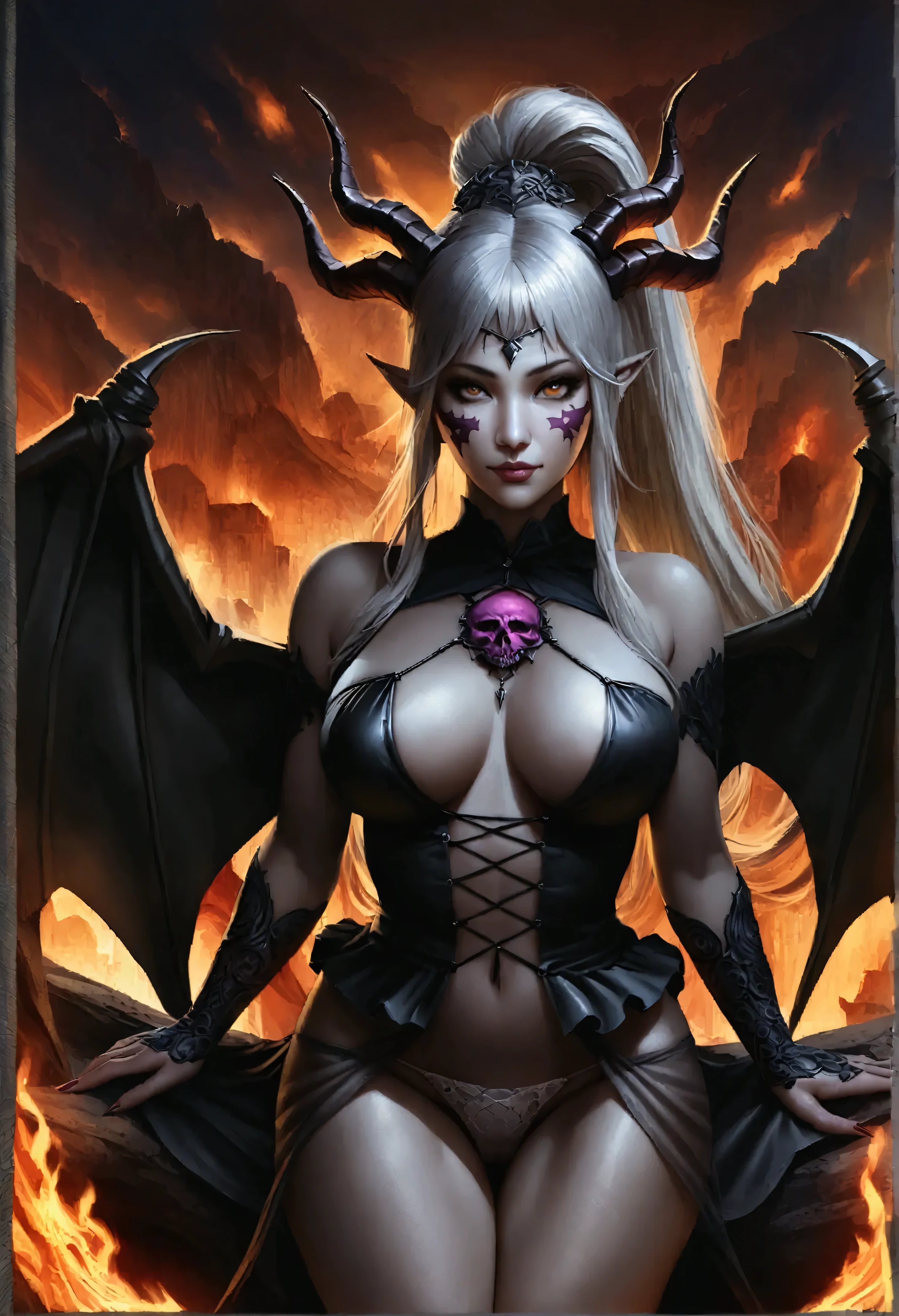 Photo realistic, ultra-detailed, 1girl, mature, milf, 50 years old, full body portrait, ancient succubus, athletic, day of the dead facepaint, white high ponytail hair, straddling over the camera with legs spread wide open, open legs, see through lowleg panties, firey, dragon scale demon wings, horns, fire and brimstone eruprions, scary detailed art in color, aroused expression, busty, curvy hips, sexy, alluring, posing with open legs, sheer hipster panties, highly detailed fantasy art, beautiful fantasy art portrait, intricate detailed digital art, highly detailed digital painting, digital art fantasy art, mark brooks detailed, detailed fantasy digital art, amazing detail digital art, close-up portrait demoness skull,