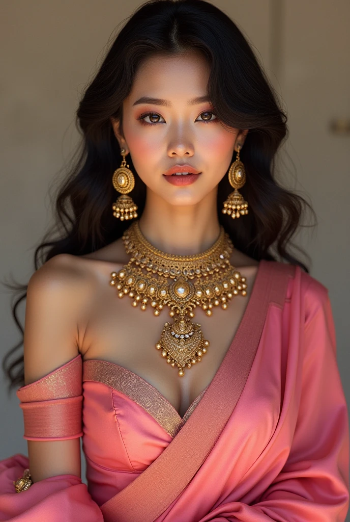 Wonyoung from IVE k-pop group in a pink kurti and heavy gold Indian jewellery 