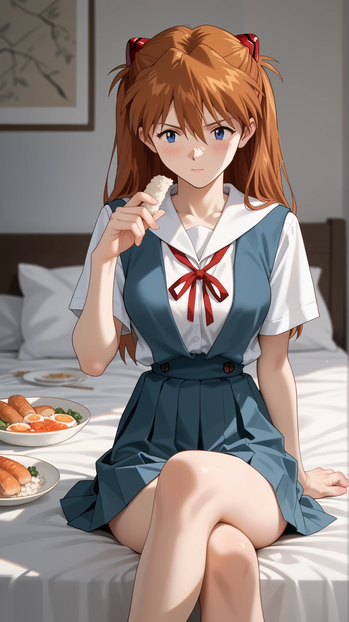 1 , Alone, High resolution , anatomically correct , masterpiece , Necessary, Awarded multiple times, best quality , HD model, super detail , 16KUHD, Ultra HD, anime style , anime, Blush, Rice, wayward riso, Big breasts , long hair. Asuka Langley, Neon Genesis Evangelion, sitting on the bed in the room, legs crossed, school uniform, proportional, better anatomy , detailed hand, perfect hand, four fingers and a thumb , perfect body , detailed body