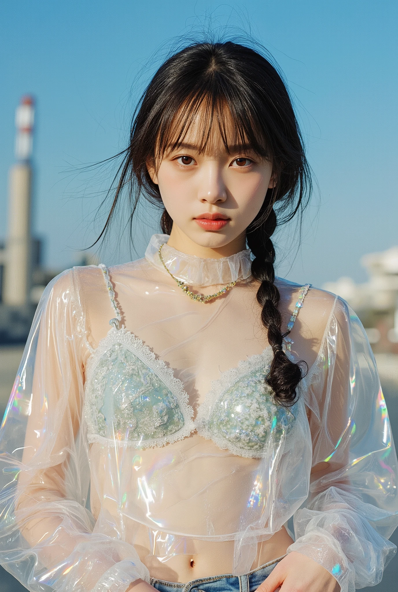 realistic photo, transparent color PVC clothing, transparent color vinyl clothing, prismatic, holographic, chromatic aberration, fashion illustration, masterpiece, girl with harajuku fashion, looking at viewer, 8k, ultra detailed,