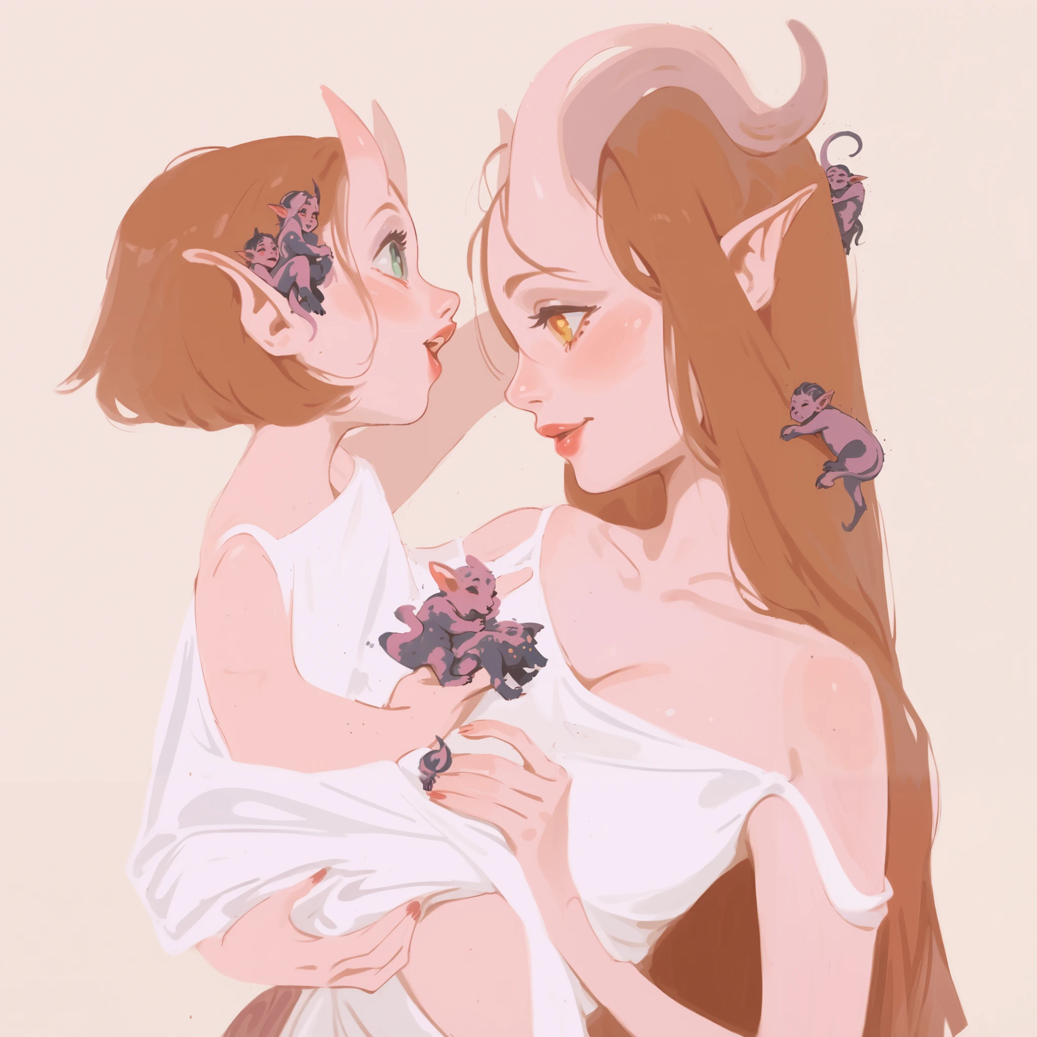 score_9, score_8_up, score_7_up, score_6_up, 3m0t3, gouache painting, hyper detailed, traditional art, 1girl, Tiefling woman holding a , mother and , tiefling horns, tiefling tail, simple background, motherhood, tender scene
