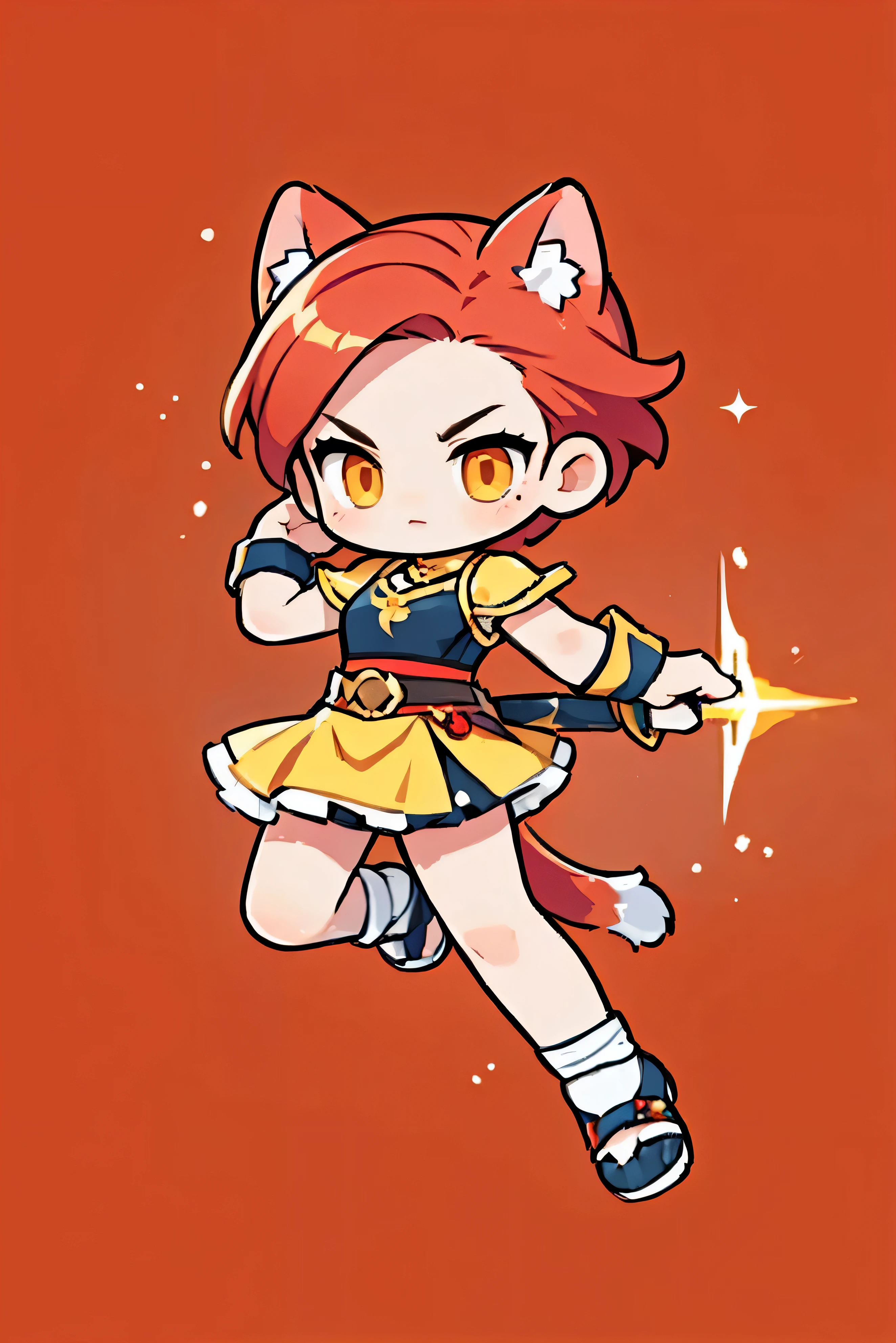 Costume color red and yellow, short hair , cat ears , Cute Female Warrior Style , European RPG Warriors , Greek Style Outfits , Natural background. red hair, Full Body Protection , Orange eyes , Stylish Poses , half side , dynamic battle pose, wield a sword . Jumping action, Upper body cut
