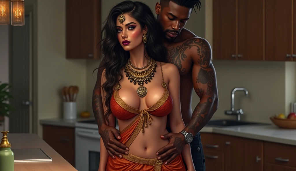 NSFW, (((masterpiece, best quality, Photo realistic))), (shiny skin), (UHD, 8K wallpaper, High resolution), Perfect anatomy, Cinematic lighting, physically-based rendering, award-winning, extremely detailed skin, extra detailed face, eyes with beautiful details, Carl Zeiss 85 mm F/1.4, (1 man and 1 girl, couple:1.5), Cute Gothic schoolgirl, sitting on the chair, (rainbow gradient hair, short bob cut, gold eyes, round face), large breasts, wet school blouse with ribbon, red pleated Skirt lift, red high socks, (noseblush, naughty, half opened eyes, drooling), spread legs, thigh focus, in the classroom, blue hour, (1 man is an afropunk man, an afropunk man is hugging the girl from behind:1.5), man is wearing afropunk attire, (an afropunk man touches girl's panties:1.5), [full body shot], shot from below,