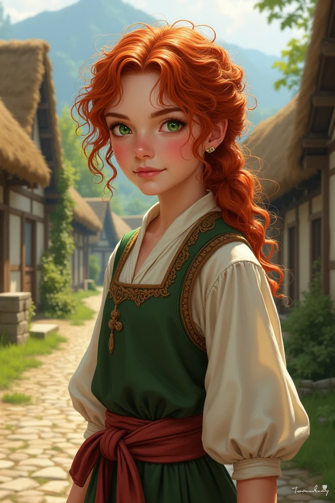 cinematic, photo, head and shoulder portrait photo, 1girl, solo, 13 years old medieval fantasy girl servant, ugly, curly fuzzy long voluminous red hair, freckles, medieval fantasy servant clothes, friendly smile, in a big medieval city, Canon EOS 5D Mark IV, historical, fantasy, hyper detailed, accurate textures, realistic, skin pores