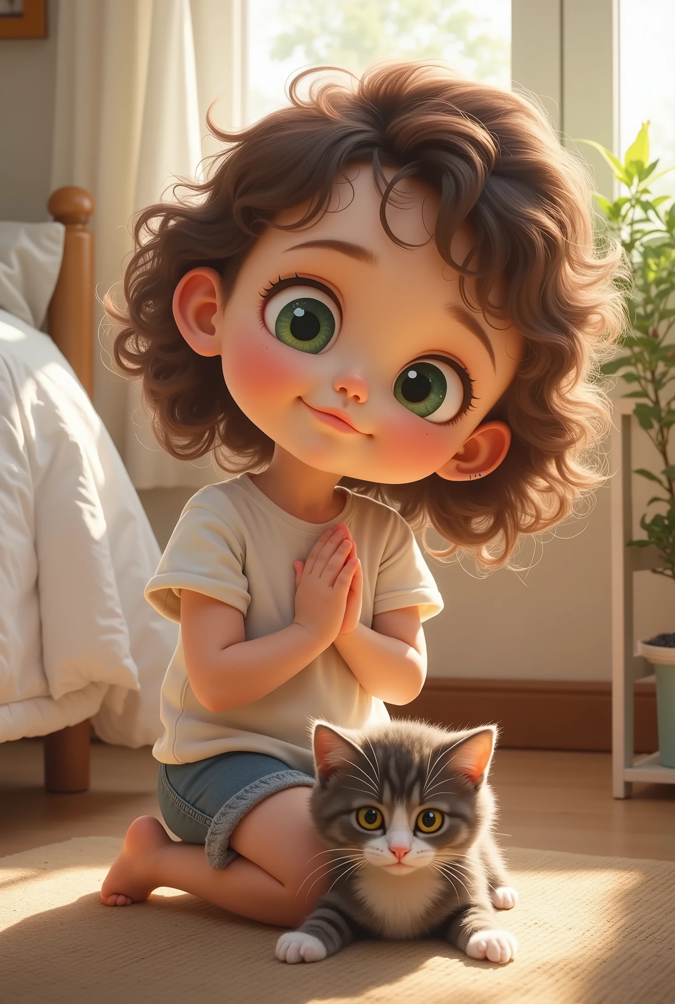 Raise a  girl with big green eyes Long curly hair, in a room where there is a bed, a white wardrobe, a rug On the floor with A kitten is lying down and she is on her knees on the floor near the bed praying 