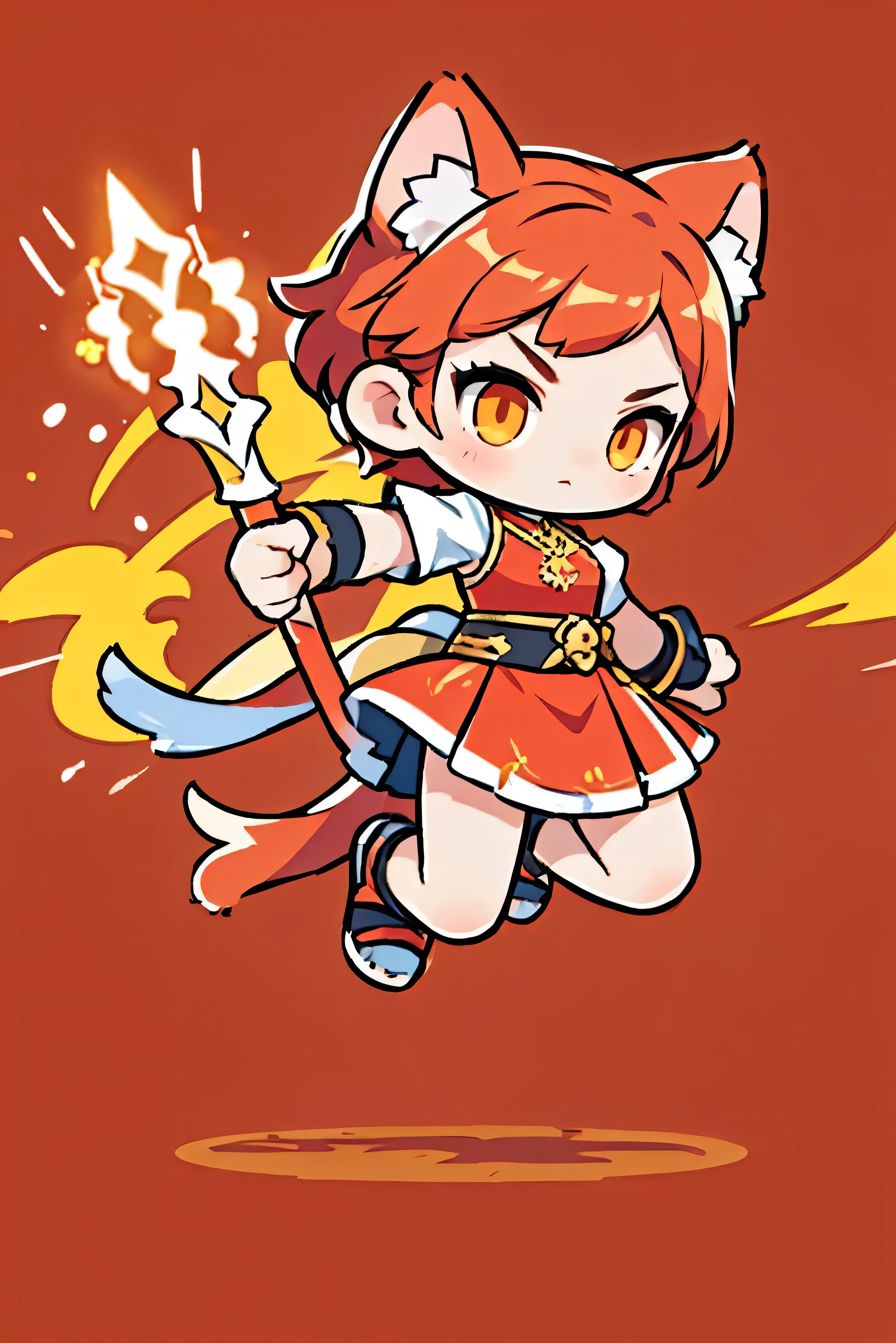 Costume color red and yellow, short hair , cat ears , Cute Female Warrior Style , European RPG Warriors , Greek Style Outfits , Natural background. red hair, Full Body Protection , Orange eyes , Stylish Poses , half side , dynamic battle pose, Swinging a long spear. Jumping action, Upper body cut