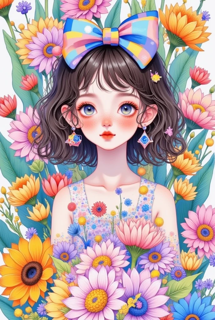 Cartoon，The art of mathematics，Doodle hand drawn style：1.  cute ， big eyes，curls，Oversized hair bow，Cold， cute expression， colorful 的， colorful 