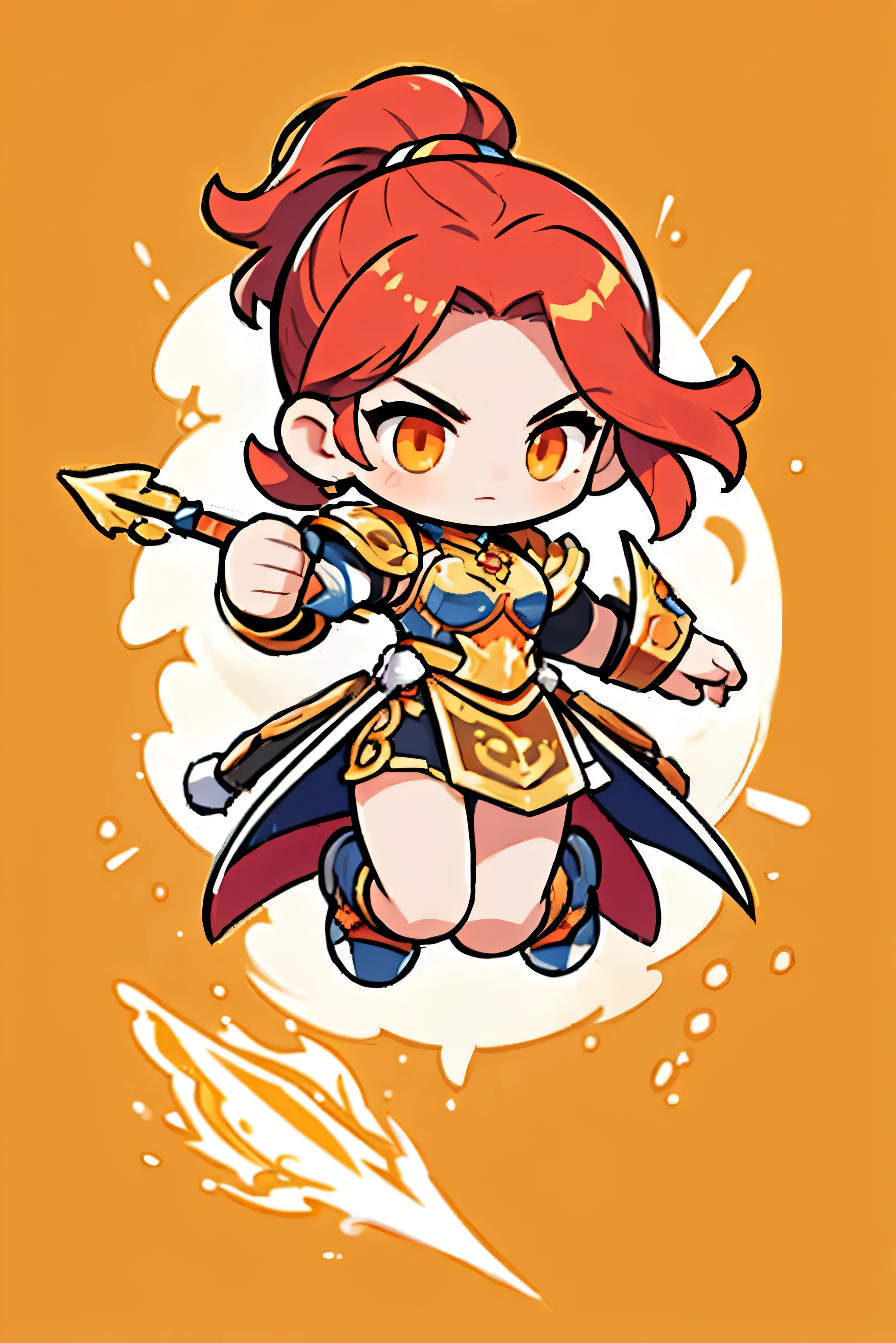 Cute Female Warrior Style , European RPG Warriors , Golden Iron Armor , Natural background. red hair, tied hair , Golden Iron Armor 의상, Full Body Protection , Orange eyes , Stylish Poses , half side , dynamic battle pose, Swinging a long spear. Jumping action, Upper body cut