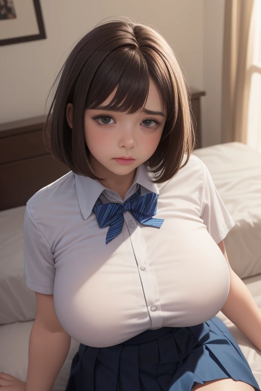 (１ girls,low length,Petite),(Close-up,lying bed,lie face up on the bed,lie flat on one's back on the bed),(Hold your chest with both arms:1.5),(White blouse, blue pleated skirt,Student Uniform:1.5),(Very large breasts,Super big breasts,Busty,gigantic breasts,big breasted:1.3),(Voluptuous thighs:1.5),(Slim and narrow waist),(Japanese Face,No makeup,*********,***** face,Troubled face,disgust, worried,sad expression:1.3),(Looking at the camera),(Brown Hair,Straight bangs,Bob,Bob Hair:1.3),(surrealism, Verism, Realism, 8k, super detail, highres, best quality, masterpiece, high details, textured skin,accurate, UHD)