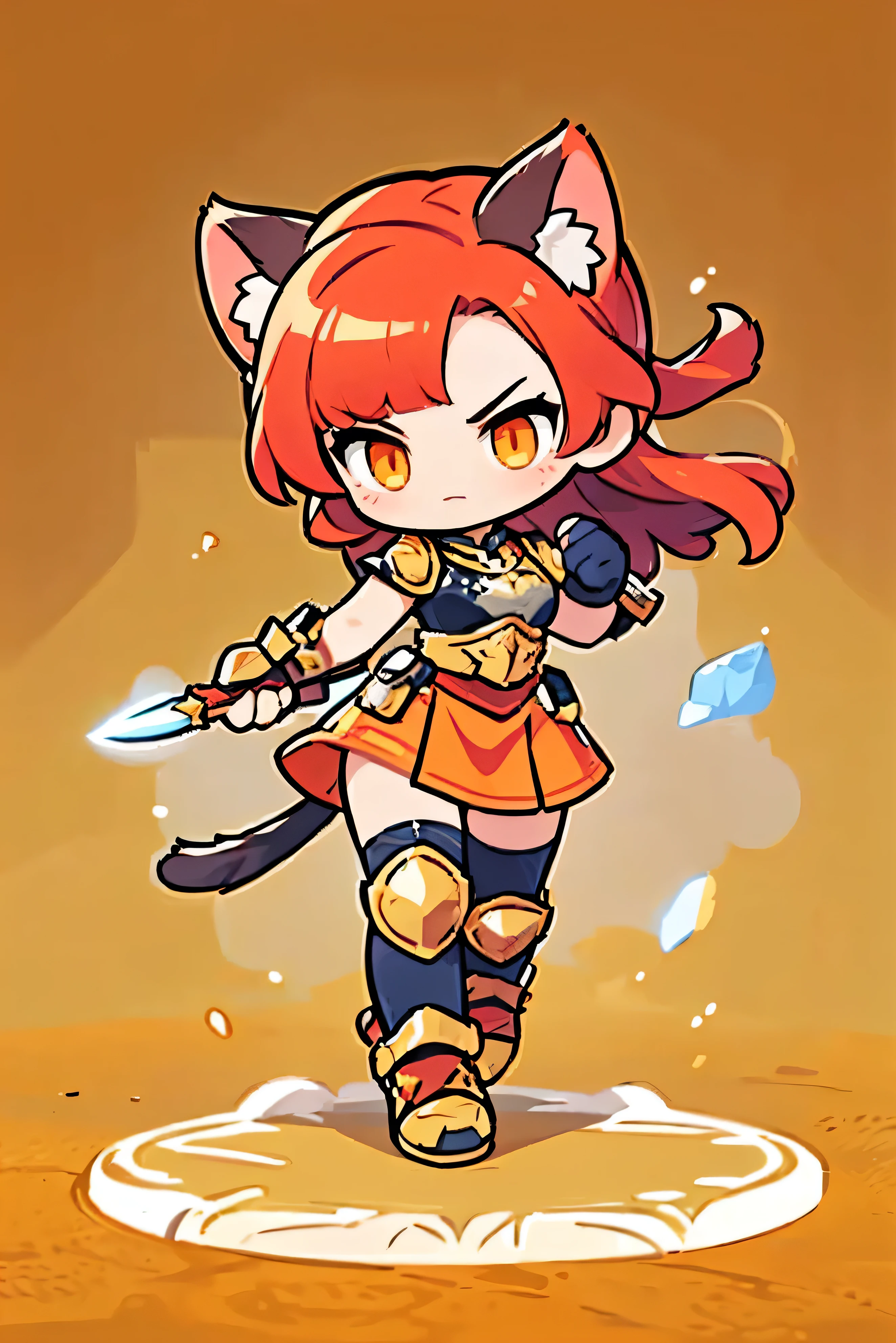   Cute Female Warrior Style  ,   European RPG Warriors   , Golden Iron Armor ,  Natural background.   red hair,  tied hair , cat ears, Golden Iron Armor  의상,  Full Body Protection   ,  Orange eyes ,  Stylish Poses  ,  half side ,  dynamic battle pose,  Wielding a Long Knife . Upper body cut