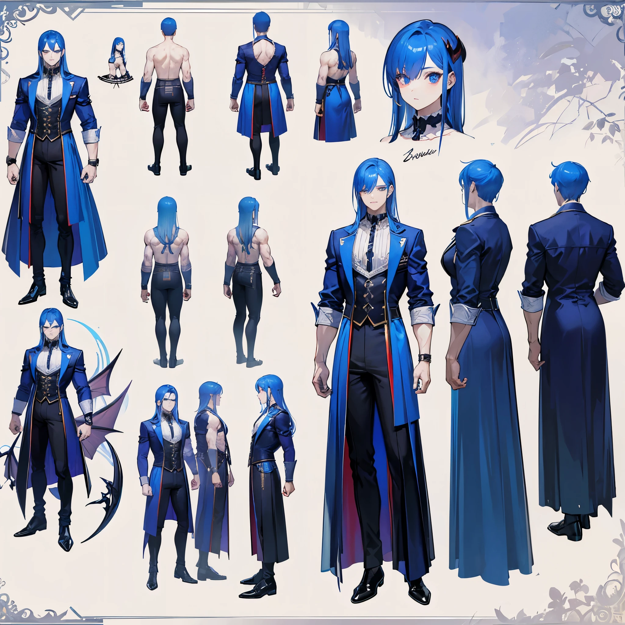 (Masterpiece, best quality), detailed, 1 man, ((character concept art)), ((character design sheet, same character, front, side, back)), full body, body complete, 1 Male angel, 1 Man angel, Detailed face, character design sheet,full bodyesbian, Highly detailed, character sheet, character design, Many parts, dark skin, angel wings, long ponytail blue hair, angel outfit, muscle male god, male clothes, masculine, muscle man, male muscle, manly, male angel, Muscle male with long ponytail blue hair,beautiful man, beautiful muscle man