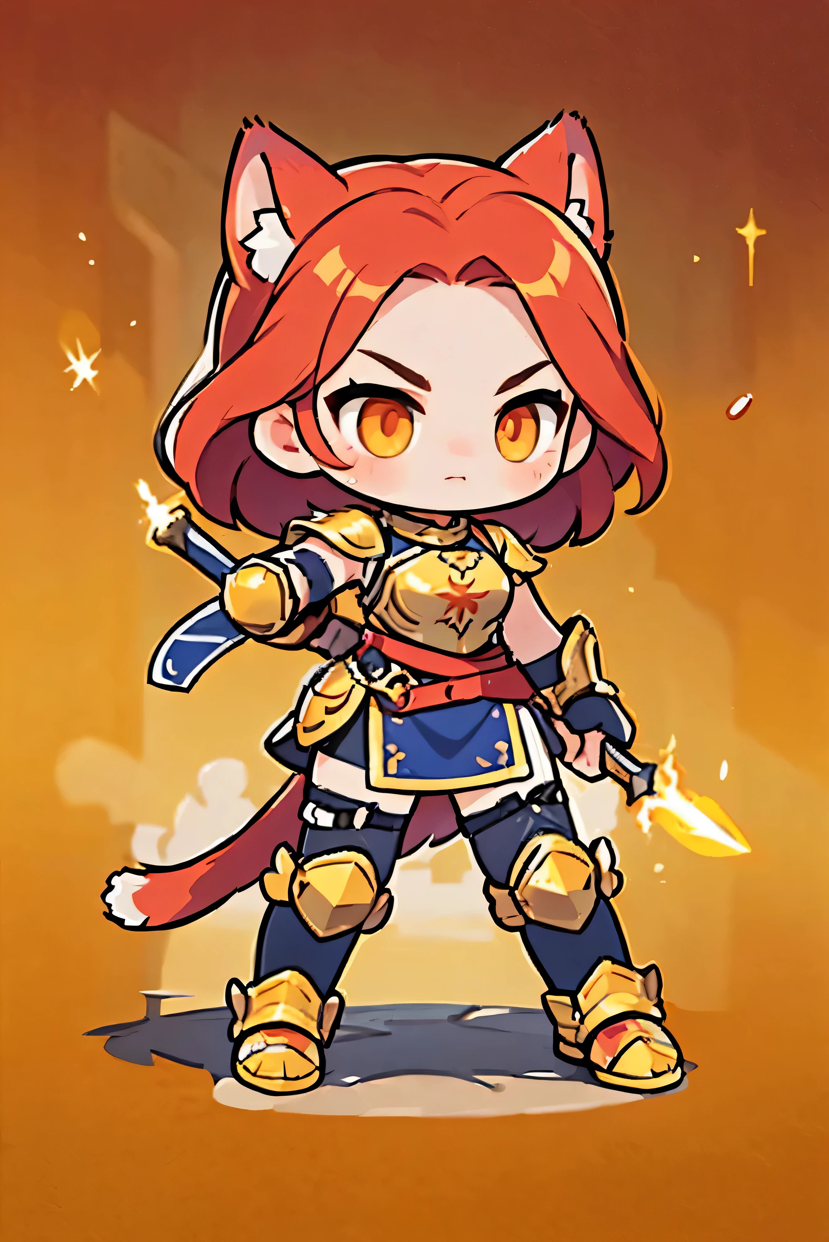   Cute Female Warrior Style  ,   European RPG Warriors   , Golden Iron Armor ,  Natural background.   red hair,  tied hair , cat ears, Golden Iron Armor  의상,  Full Body Protection   ,  Orange eyes ,  Stylish Poses  ,  half side ,  dynamic battle pose,  Wielding a Long Knife . Upper body cut