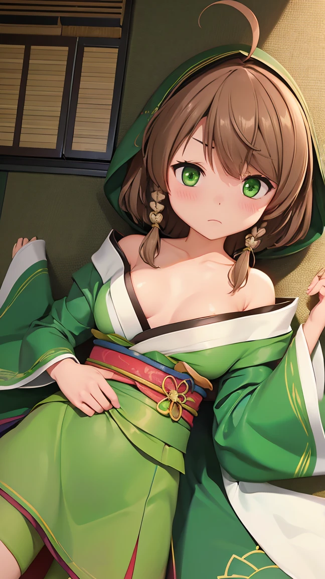  1 girl, yamamoto kansuke,  light brown hair ,  Shorthair,  single braid ,  Big eyes, Ahoge, Eye patch, Green Eyes, medium breasts、 blush、(( troubled face))、 nipples are visible、((( open kimono)))、((( open kimono)))、 white panties 、 cleavage、(off shoulder)、Large Japanese-style room、futon、(( high-rise building office background lying on an office desk ))、belly button、Lying on your back