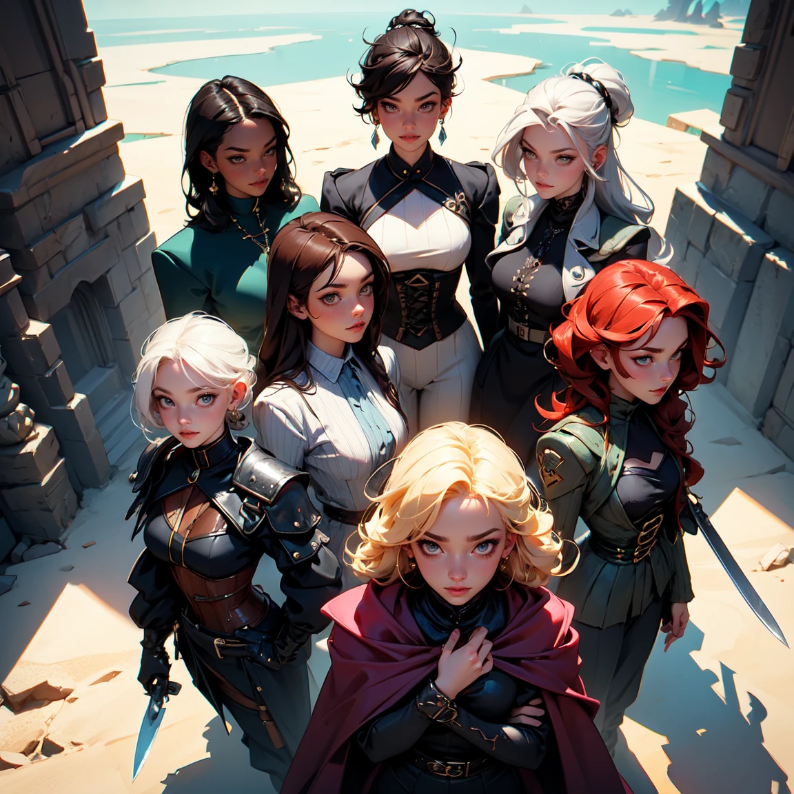 (masterpiece), anime style, multiple girls, ((group)), crowd, ((multiple people)), hundreds of people, silhouette,  expressive eyes, beautiful faces, black mascara, sharp mascara, thick eyelashes, black eye shadow, black hijab, warrior face, steampunk outfit, cog, mecog, corset, long sleeves, long trousers, high boots, knives, assassin, leather gloves, standing on a cliff, desert, view from above, looking down, 