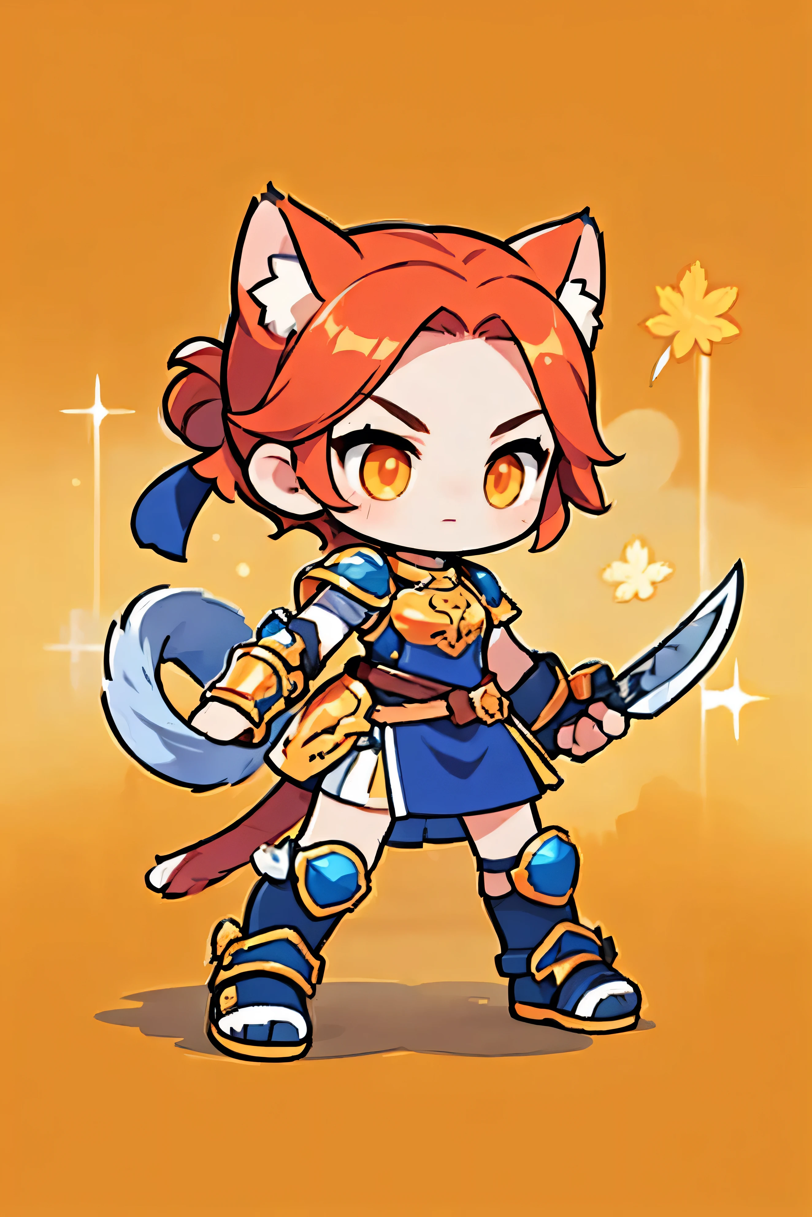   Cute Female Warrior Style  ,   European RPG Warriors   , Golden Iron Armor ,  Natural background.   red hair,  tied hair , cat ears, Golden Iron Armor  의상,  Full Body Protection   ,  Orange eyes ,  Stylish Poses  ,  half side ,  dynamic battle pose,  Wielding a Long Knife . Upper body cut