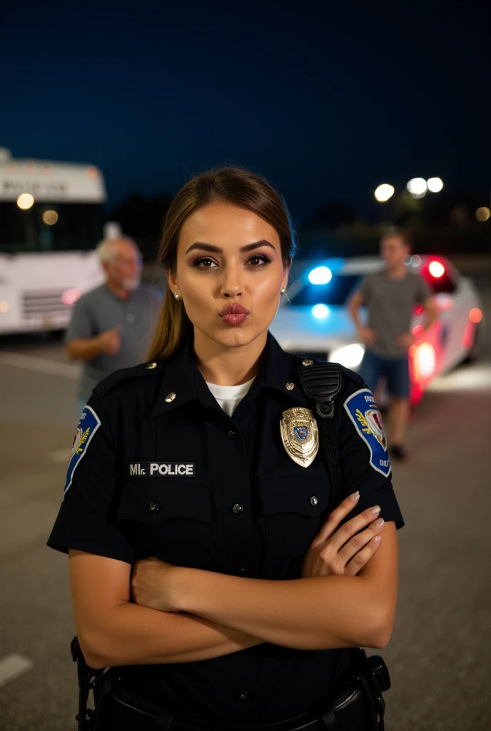 a woman cop, woman, police uniform, pout, pouting expression, in the background, a police car pared infront of an RV, stopping it from moving, beside the the car stands a enthusiastic old man and young man wearing casual dress, highway, Night, dark, focus on woman