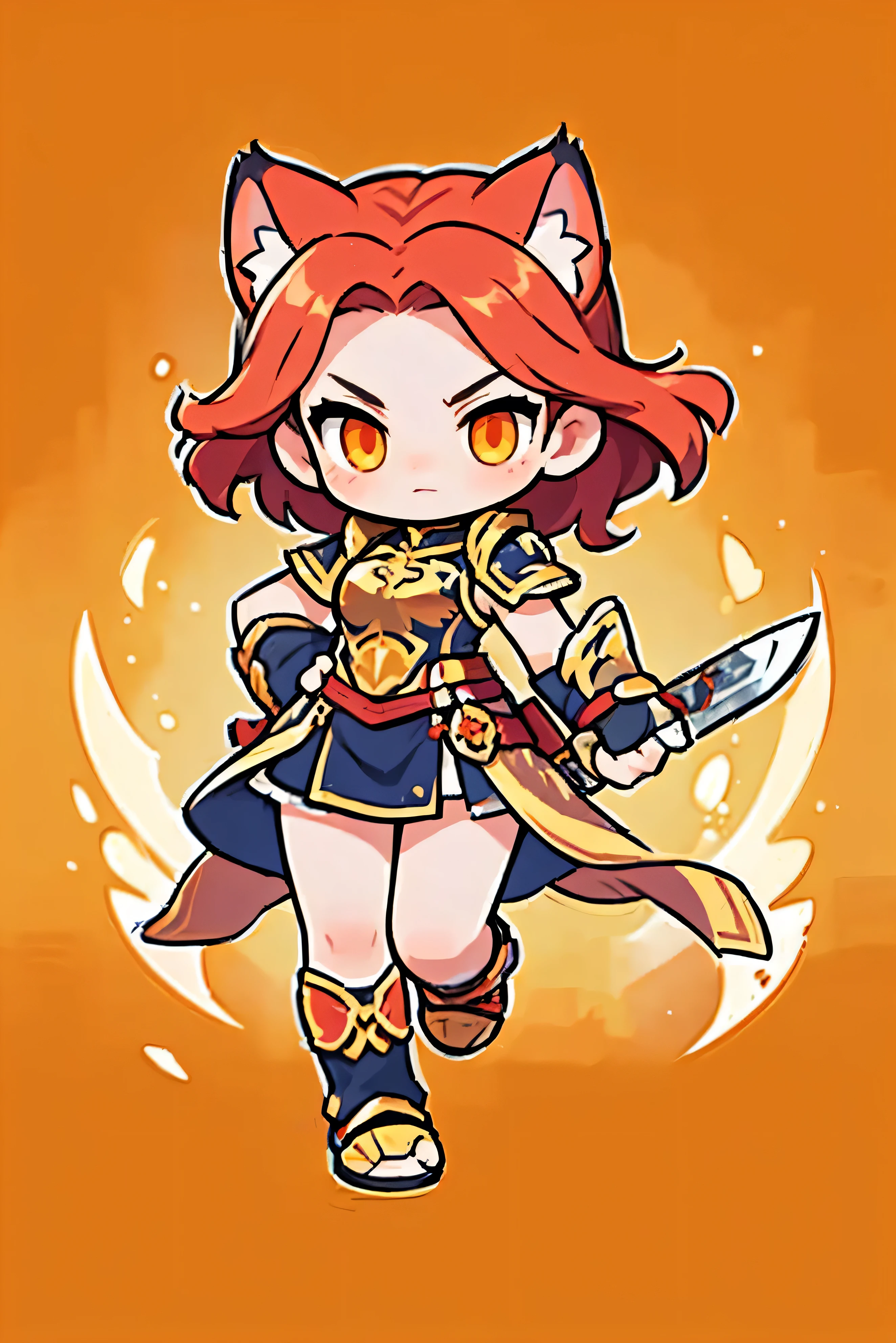   Cute Female Warrior Style  ,   European RPG Warriors   , Golden Iron Armor ,  Natural background.   red hair,  tied hair , cat ears, golden and red iron armor costume,  Full Body Protection   ,  Orange eyes ,  Stylish Poses  ,  half side ,  dynamic battle pose,  Wielding a Long Knife . Upper body cut