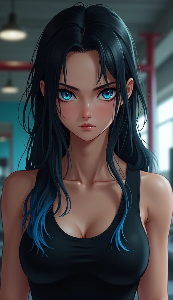 score_9, score_8_up, score_7_up, score_6_up, uncensored, Yukinoshita yukino, black hair, long hair, blue eyes, sweating, BREAK (masterpiece:1.2), best quality, high resolution, (detailed eyes:1.3), perfect lighting, (perfect hands, perfect anatomy), hearts, pleasured, (small breasts:1.3), rating:safe, 1girl, gloves, solo, breasts, dog_tags, pants, belt, cleavage, navel, fighting_stance, midriff, military, crop_top, ribbon, looking_at_viewer, hollow eyes, expressionless,