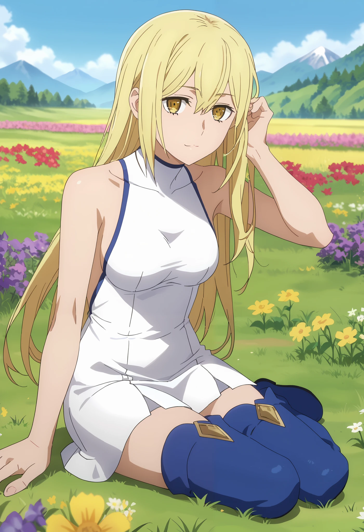 score_7_up, anime screencap, 1girl, solo, adjusting hair, closed mouth, light smile, long hair, blonde hair, hair between eyes, yellow eyes, AisCasual, sleeveless dress, white dress, short dress, thigh boots, blue footwear, sitting, on ground, looking at viewer, scenery, mountains, grass, flower field,