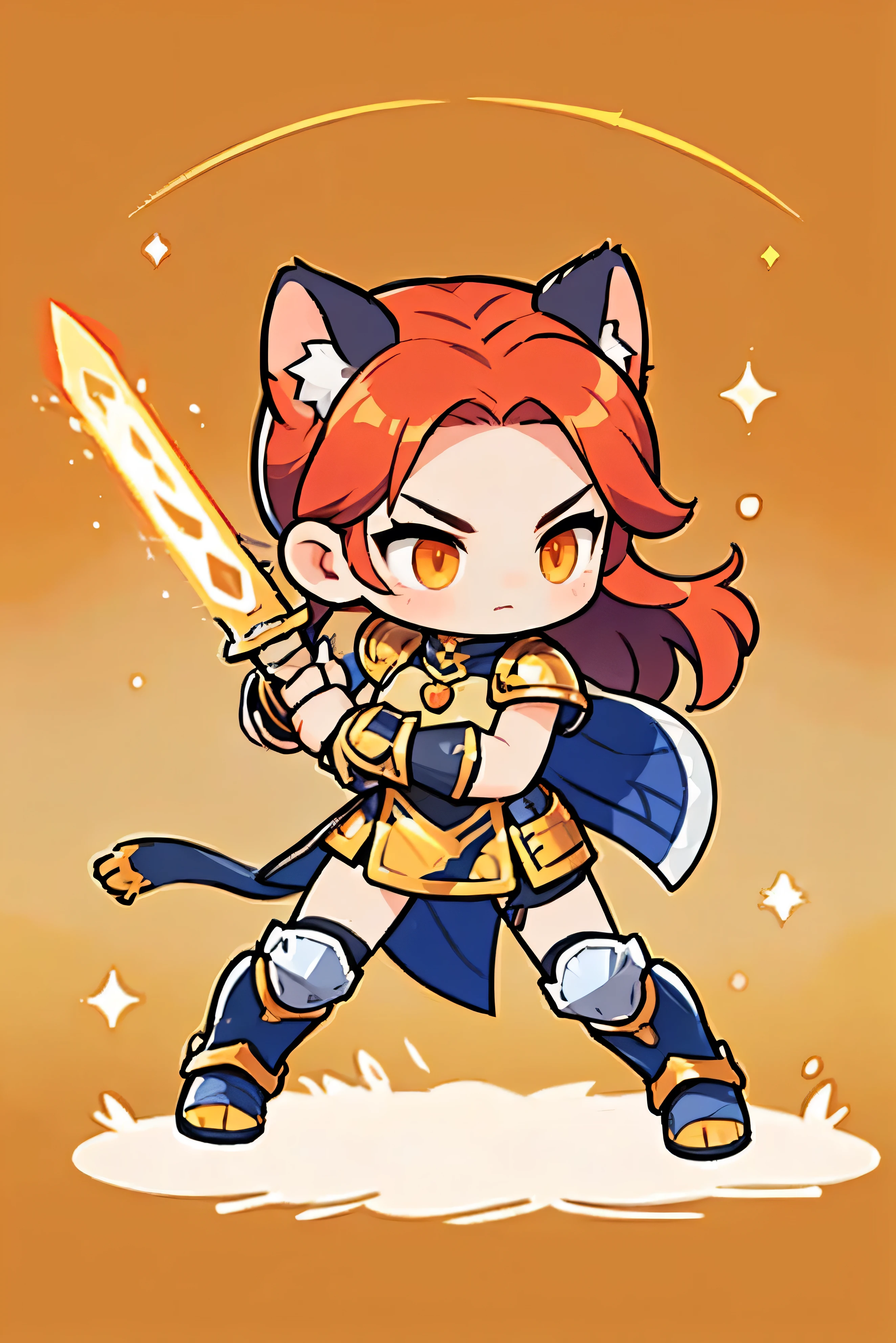  Cute Female Warrior Style  ,  European RPG Warriors  , Golden Iron Armor , Natural background.  red hair,  tied hair , cat ears, Golden Iron Armor  의상, Full Body Protection  , Orange eyes ,  Stylish Poses  ,  half side ,  dynamic battle pose,  holding a long sword. Defensive posture 