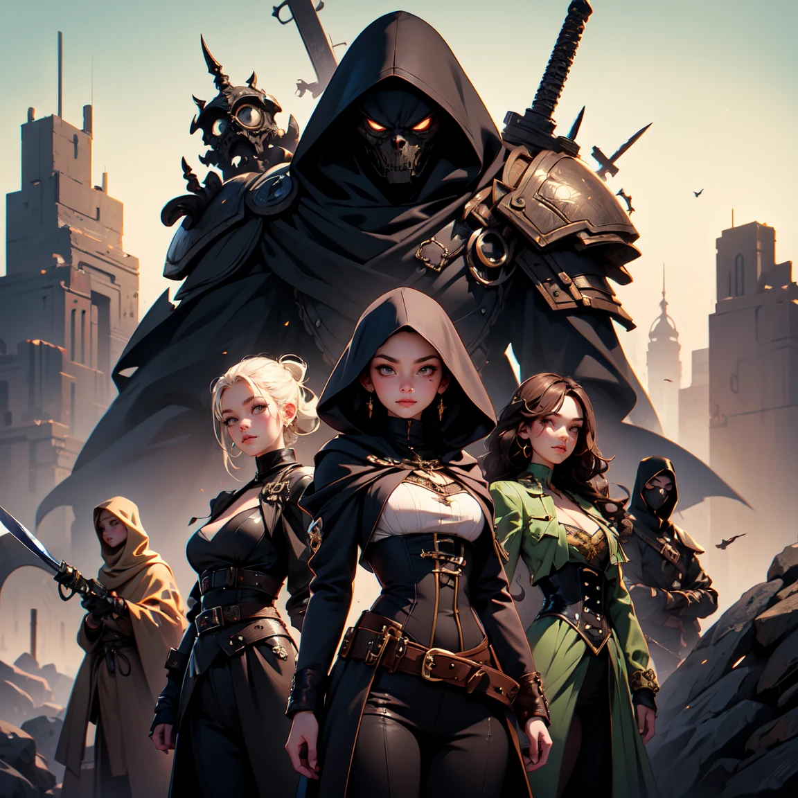 (masterpiece), anime style, multiple girls, ((group)), crowd, ((multiple people)), hundreds of people, silhouette,  expressive eyes, beautiful faces, black mascara, sharp mascara, thick eyelashes, black eye shadow, ((black hood)), warrior face, steampunk outfit, cog, mecog, corset, long sleeves, long trousers, high boots, knives, assassin, leather gloves, standing on a cliff, desert, view from below, looking down, hijab girls,