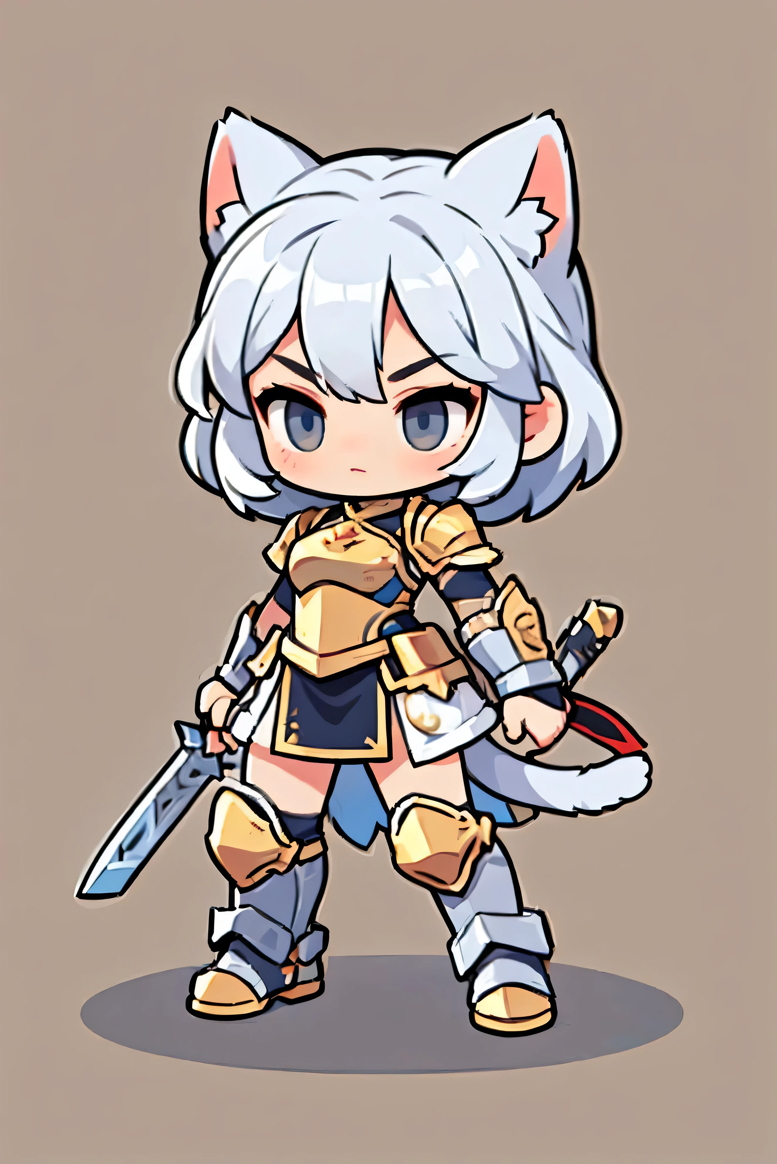 Cute Female Warrior Style , European RPG Warriors , Golden Iron Armor , Natural background. White hair , tied hair , cat ears, grey iron armor costume, Full Body Protection , black eyes , Stylish Poses , half side , dynamic battle pose, I'm carrying a combat axe. Defensive posture