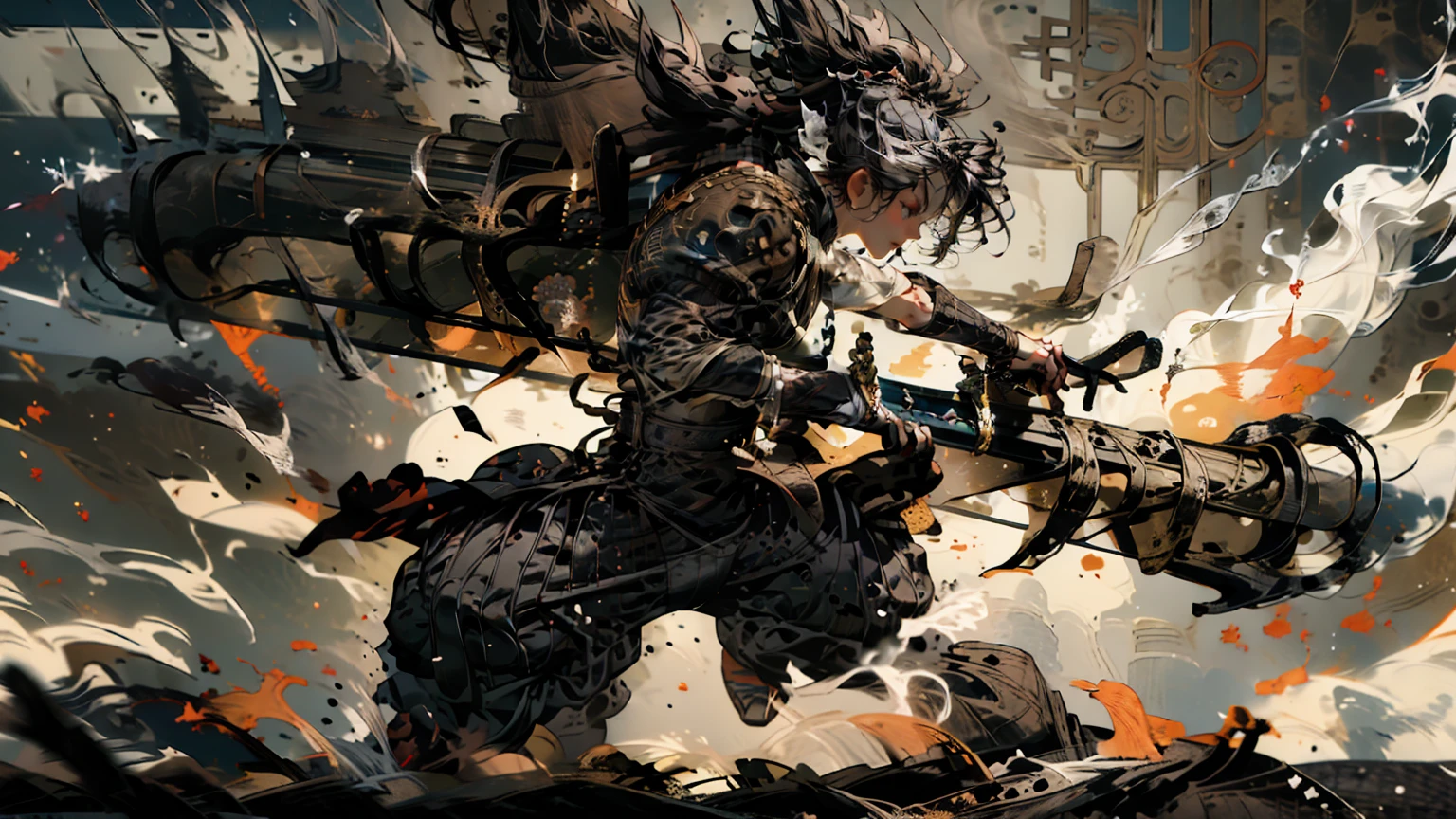  Silver Hair,Please let me hold the sword ,samurai,warrior,antiquity,burning background ,male,fight, black hair,Cat earsをつけてください,Full of dynamism, High Quality , masterpiece,Cat ears, Silver Hair,Cat ears,Sparkling blue eyes,Cat ears