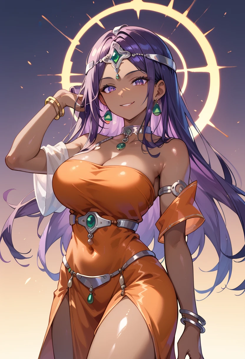  score_9,  score_8_up,  score_7_up, (( best quality)) 、(Beautiful face) 、shiny skin　、Big Breasts　、Thin Nose　、high nose　、Smile　,dqMinea, purple hair, circlet, earrings, choker, bracelet, single sleeve, armlet, orange dress, dark skin