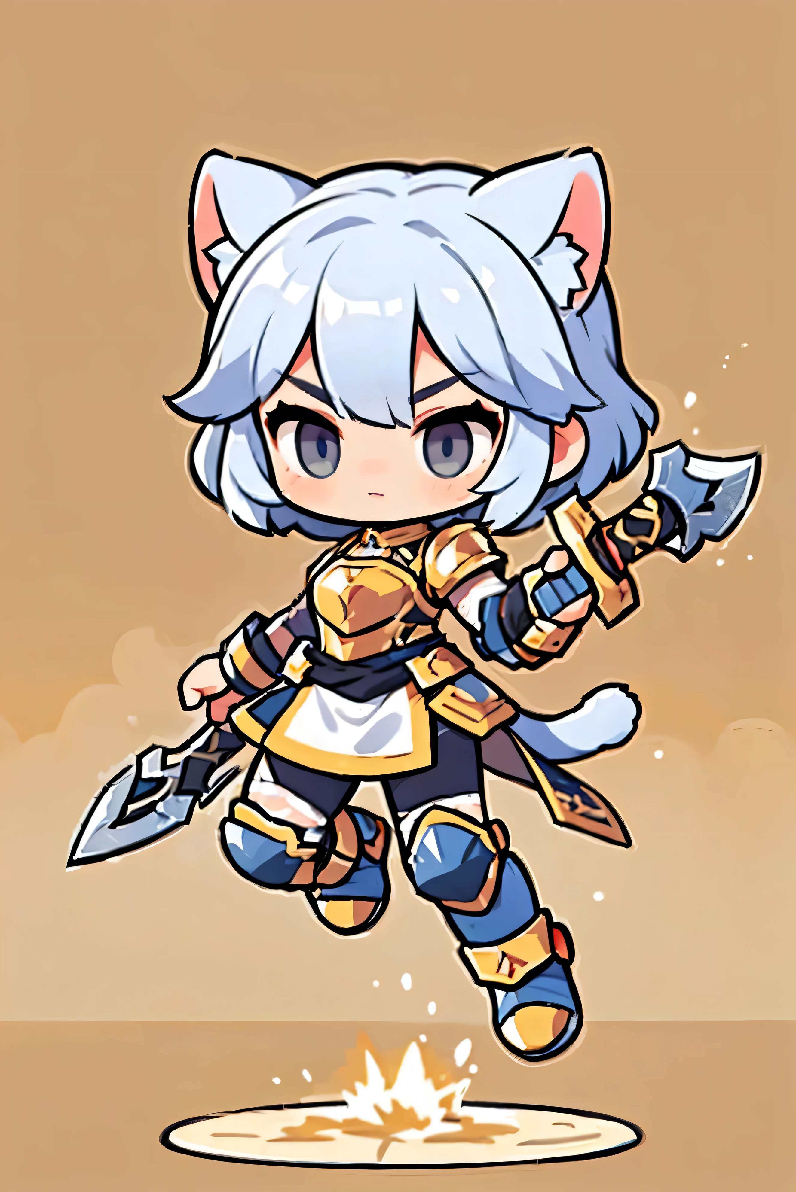  Cute Female Warrior Style  ,  European RPG Warriors  , Golden Iron Armor , Natural background.  white hair,  tied hair , cat ears, grey iron armor costume, Full Body Protection  , black eyes ,  Stylish Poses  ,  half side ,  dynamic battle pose, I'm carrying a combat axe. Jumping pose , The action of slamming an axe, 