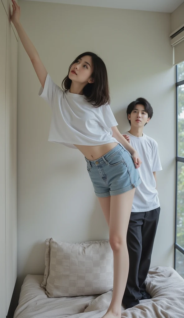 A tall, slim Chinese woman with an extremely high height, standing in a small, narrow bedroom. She is three times taller than her short husband, who is an adult male, creating a striking height difference. The woman is wearing casual pajamas, bending over slightly with one hand pressed against the ceiling. Her tall, slim figure is the main focus of the image, emphasizing the vast height gap between her and her adult husband, who is standing behind her. He is looking up at her with an expression of admiration and affection. The room is small and cozy, with an intimate and peaceful atmosphere. 