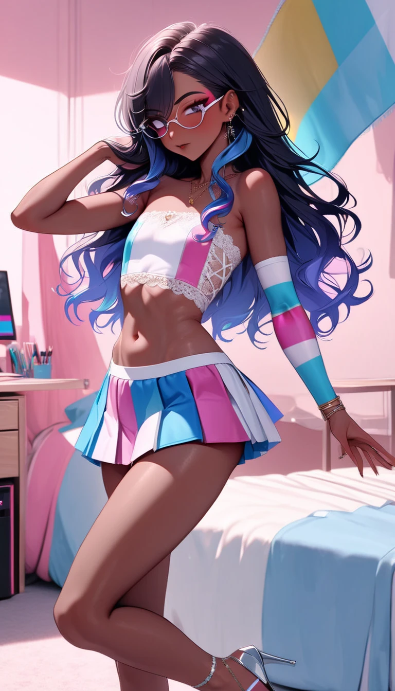 trans woman ((Adult transgender women)): Trap, Otoko no ko, (Very short pleated miniskirt. Lace strapless cropped top. ((eye glasses)). Brown eyes, showing the whole body, brown skin color, Black long wavy hair. ((Clothes with the colors of the trans flag, blue pink and White)), High heel silver sandals, Cute smille. Closed mouth, Makeup, tattooed arm, flat chest, superflat); full body shot, computer station behind, Standing in front of bed, dancing, hands in hair, Bedroom background. High quality. 4k, 8k, many details. Masterpiece, accurate, anatomically correct, playing, detailed background, better quality, original work Focus on details, pink and blue, ladyboy