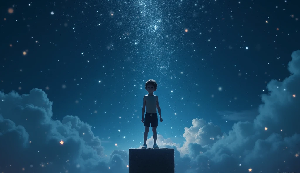 The boy turned his back to the viewer,looking at the stars --auto