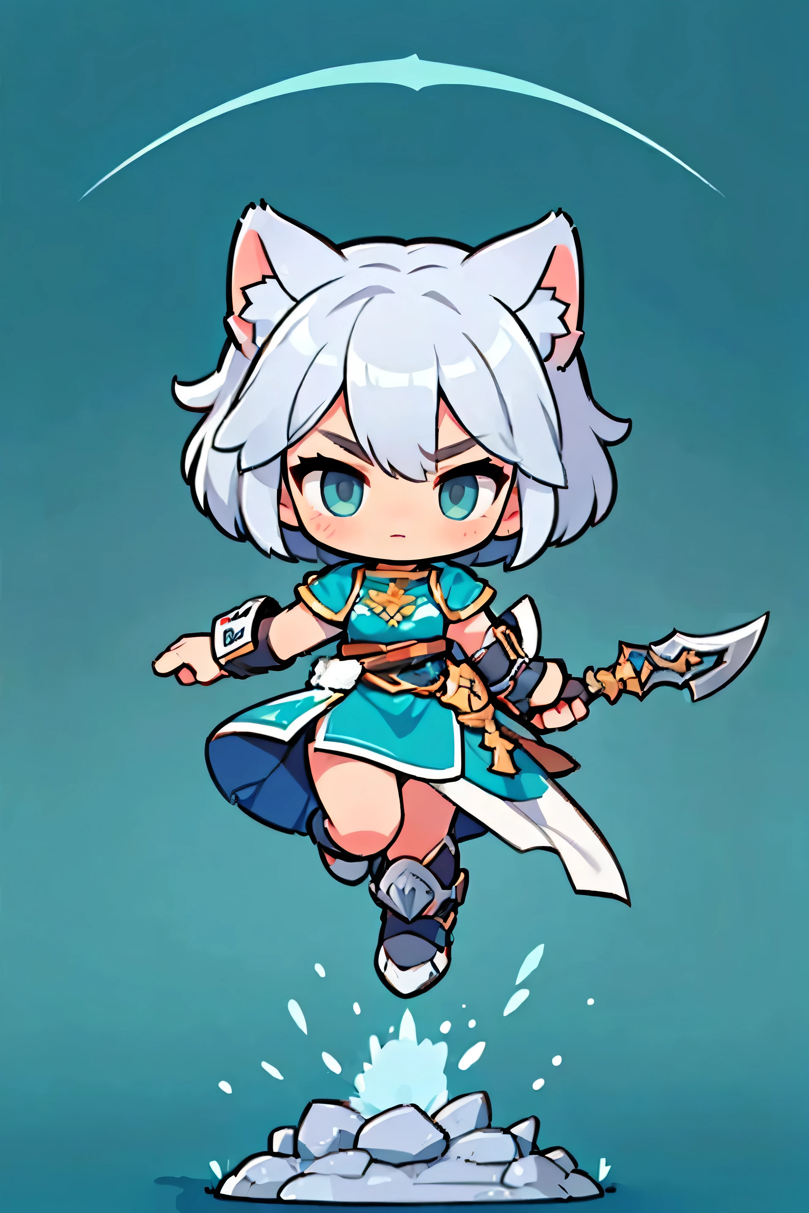  Cute Female Warrior Style  ,  European RPG Warriors  , blue and green iron armor, Natural background.  white hair,  tied hair , cat ears, grey iron armor costume, Full Body Protection  , black eyes ,  Stylish Poses  ,  half side ,  dynamic battle pose, I'm carrying a combat axe. Jumping pose , The action of slamming an axe, 