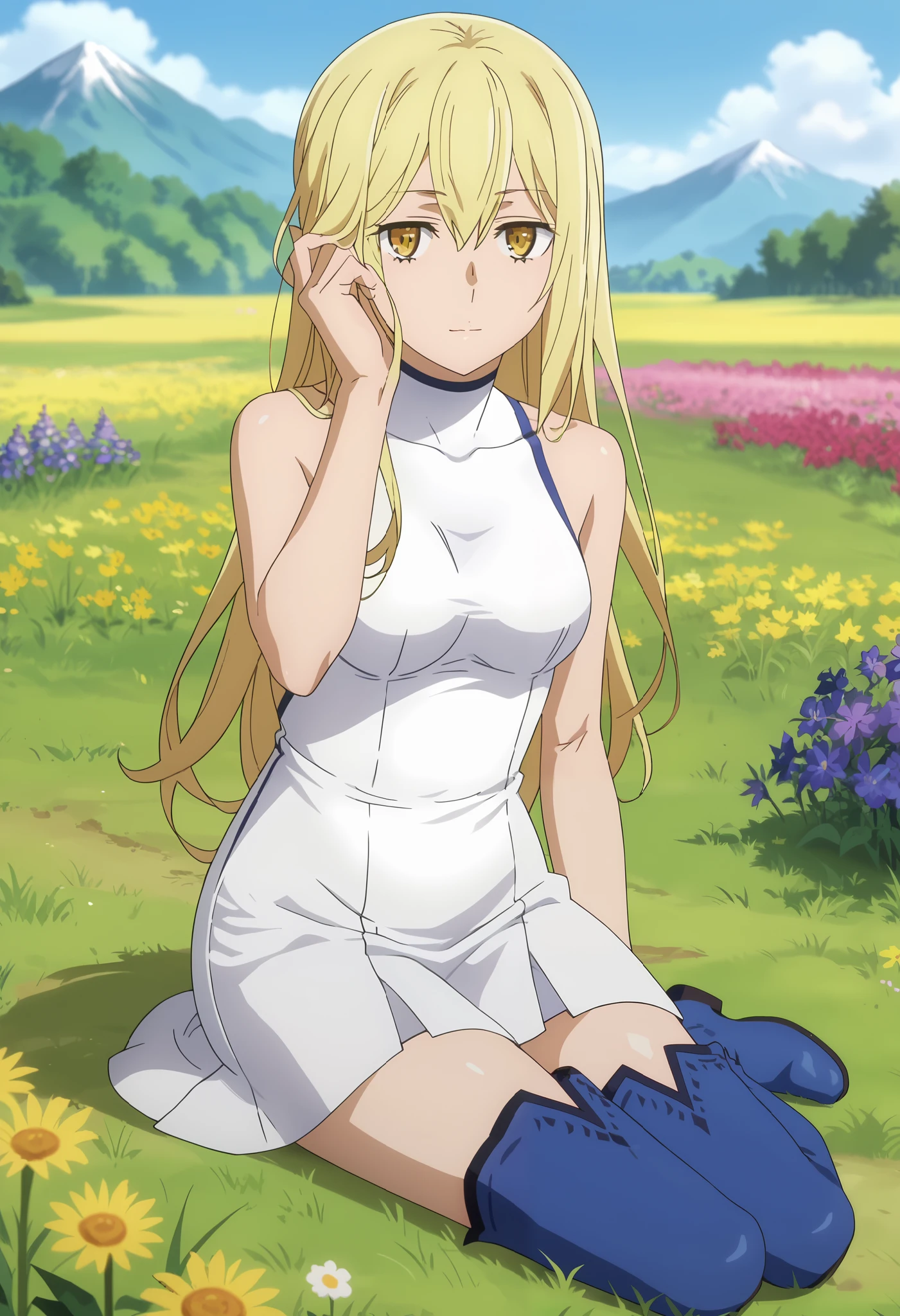 score_7_up, anime screencap, 1girl, solo, adjusting hair, closed mouth, light smile, long hair, blonde hair, hair between eyes, yellow eyes, AisCasual, sleeveless dress, white dress, short dress, thigh boots, blue footwear, sitting, on ground, looking at viewer, scenery, mountains, grass, flower field,