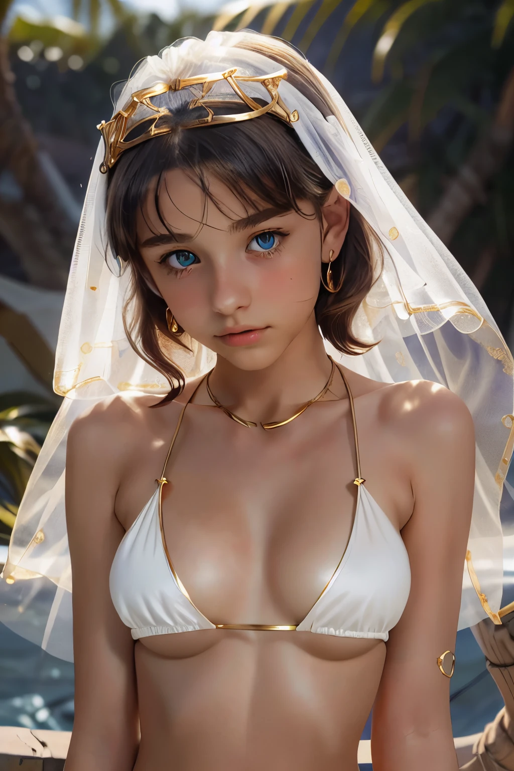 best quality, masterpiece, young french girl, blue eyes, (13yo:1.4), ((tanned skin)), (silhouette lighting:1.1), (upper body:1.3), low twintails hair with bangs, large breast, (white silk bikini with gold accents:1.2), (underboob:1.4), ((tiara, face veil)), (wearing gold accessories:1.3), oasis landscape, heat haze, clouds, ((windy))