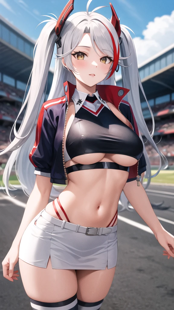 masterpiece, best quality, highres, eeeugen, long hair, two side up, antenna hair, headgear, race queen, cropped shirt, (underboob:1.1), cropped jacket, purple jacket, open jacket, short sleeves, midriff, panty straps, white belt, miniskirt, two-tone skirt, black thighhighs, standing, cowboy shot, outdoors