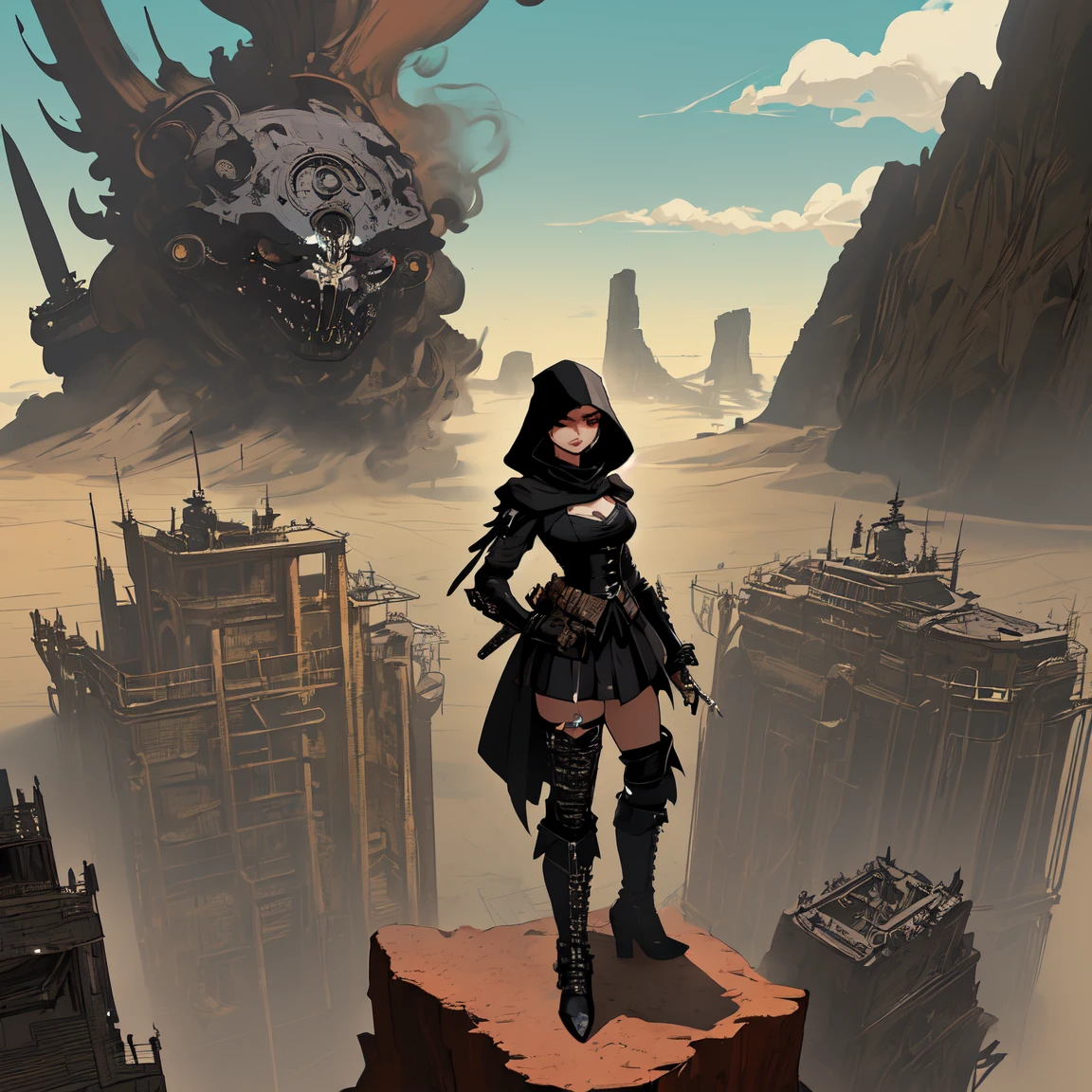 (masterpiece), anime style, multiple girls, ((group)), crowd, ((multiple people)), hundreds of people, silhouette,  expressive eyes, beautiful faces, black mascara, sharp mascara, thick eyelashes, black eye shadow, ((black hood)), warrior face, steampunk outfit, cog, mecog, corset, long sleeves, long trousers, high boots, knives, assassin, leather gloves, standing on a cliff, desert, view from above, looking down, hijab girls,