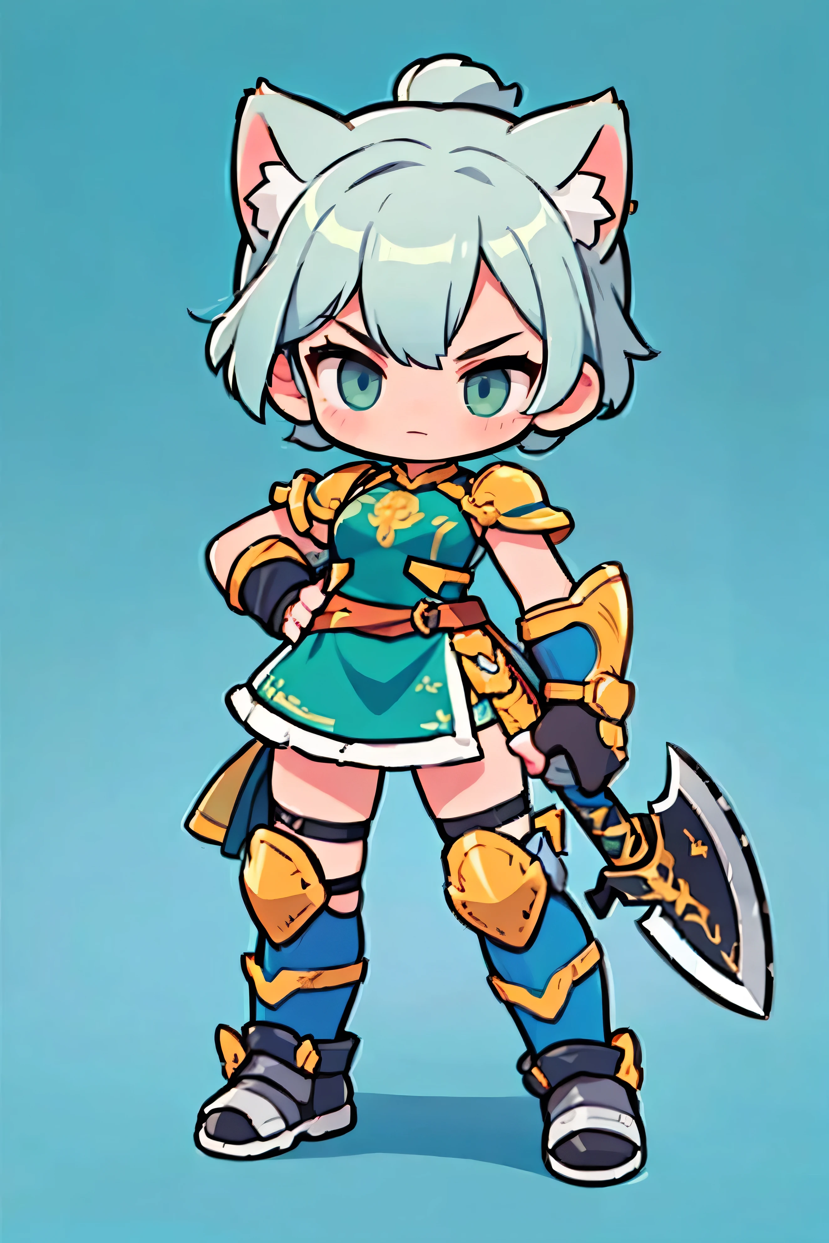  Cute Female Warrior Style  ,  European RPG Warriors  , blue and green iron armor, Natural background.  yellow hair ,  tied hair , cat ears, grey iron armor costume, Full Body Protection  , black eyes ,  Stylish Poses  ,  half side ,  dynamic battle pose, I'm carrying a combat axe. Landing position, The action of slamming an axe, 