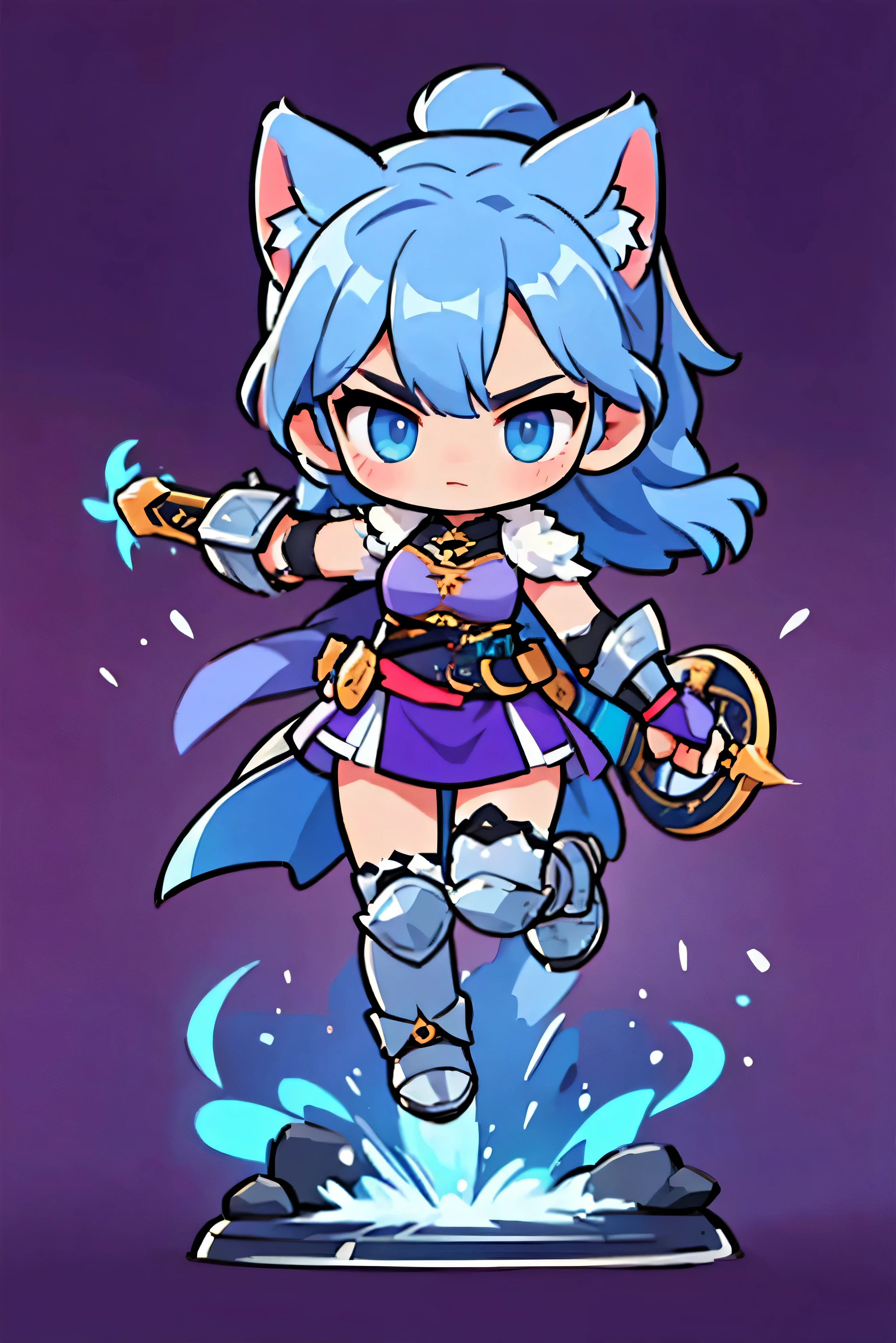  Cute Female Warrior Style ,  European RPG Warriors  , Purple Iron Armor, Natural background.  blue hair ,  tied hair , cat ears, Purple Iron Armor 의상, Full Body Protection  , dark blue eyes ,  Stylish Poses  ,  half side ,  dynamic battle pose,  Carrying a Battle Knife . Landing position, sword swing action, 