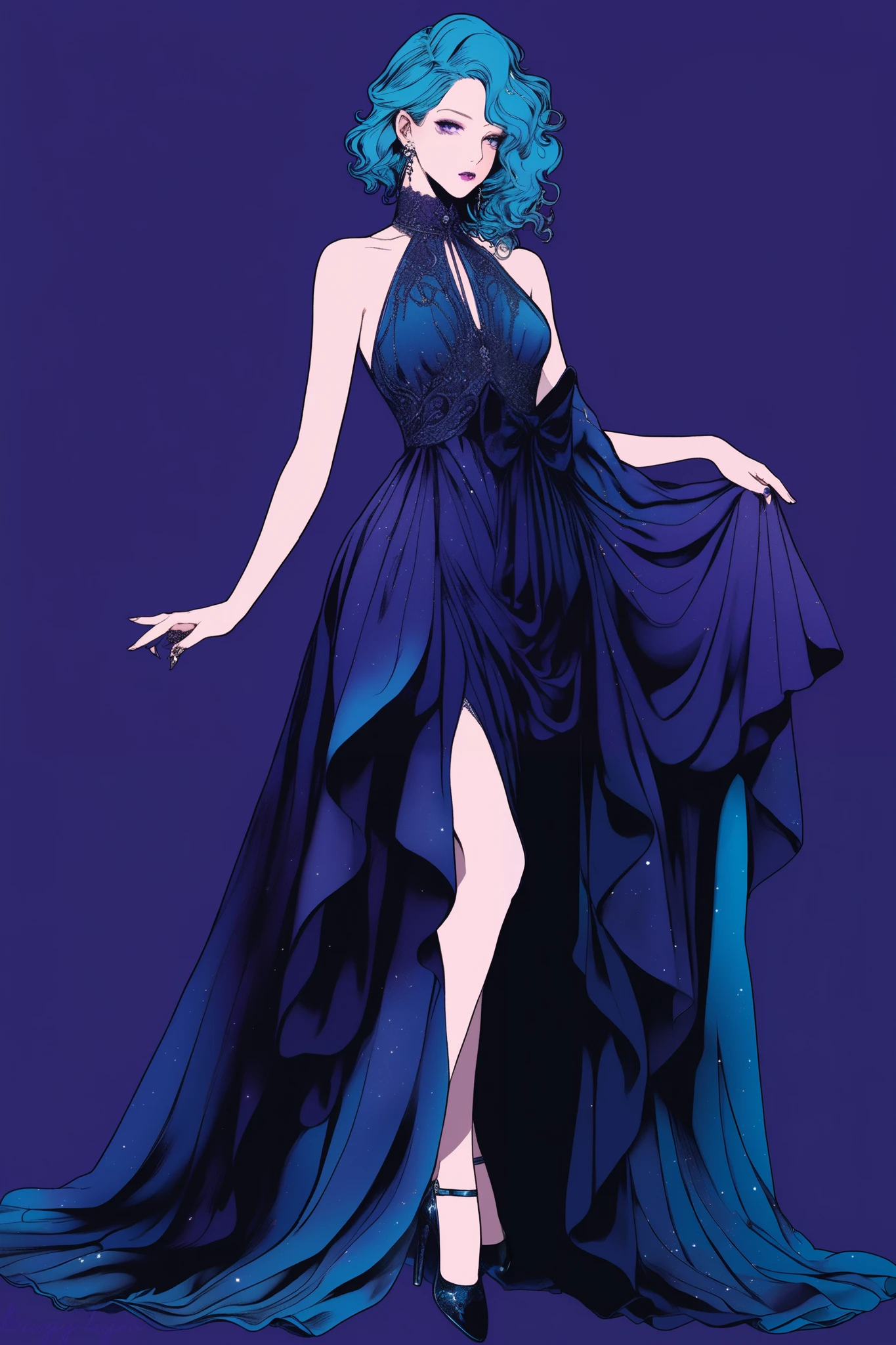 (Highest quality, sketch:1.2),Realistic,Illustrator,anime,1 Girl, detailedな唇,custom, bad woman, detailed, Black and aquamarine gradient background,Neon Hair,Texture Cropping, masterpiece, Style: Retro Classic, [Close-up of a female dummy, Sexy Dress, Silk dress, Mercury Dress, Astral Dress, Beautiful silk dress, sexy gown, Dark dress, Dark purple clothing, A revealing and stylish dress, dark Astral Dress, soft Silk dress, Elegant dark blue dress, stylish Dark dress, airbrush Dark dress, Fantasy Dress, Baroque Dress, Fancy Dress] (Photo portrait)