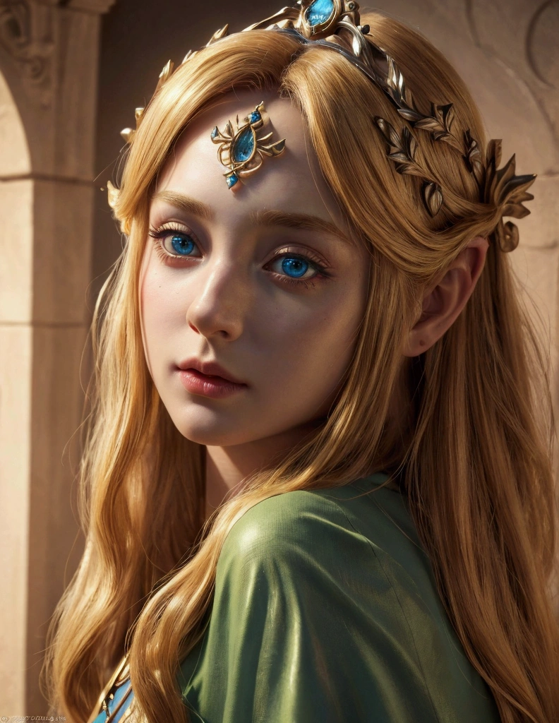 "A delicate and detailed portrait of Princess Zelda from The Legend of Zelda, focusing on her upper body and face. Zelda stands with an air of quiet elegance, her posture regal and composed. She is adorned in a finely crafted royal gown, the fabric rich and textured, with intricate golden embroidery forming the Triforce symbol and other ancient patterns along the collar and bodice. Her long, golden hair cascades over her shoulders, perfectly framing her face. A delicate tiara rests gently on her forehead, encrusted with small, shimmering gems that catch the light. Zelda's face is a picture of grace, with smooth, porcelain-like skin and soft, delicate features. Her deep violet eyes are large and expressive, reflecting wisdom, compassion, and an inner strength. Her lips are slightly parted, showing a calm and gentle expression, as if she is on the verge of speaking. The overall impression is one of serene beauty and dignified power, embodying the spirit of the princess of Hyrule."